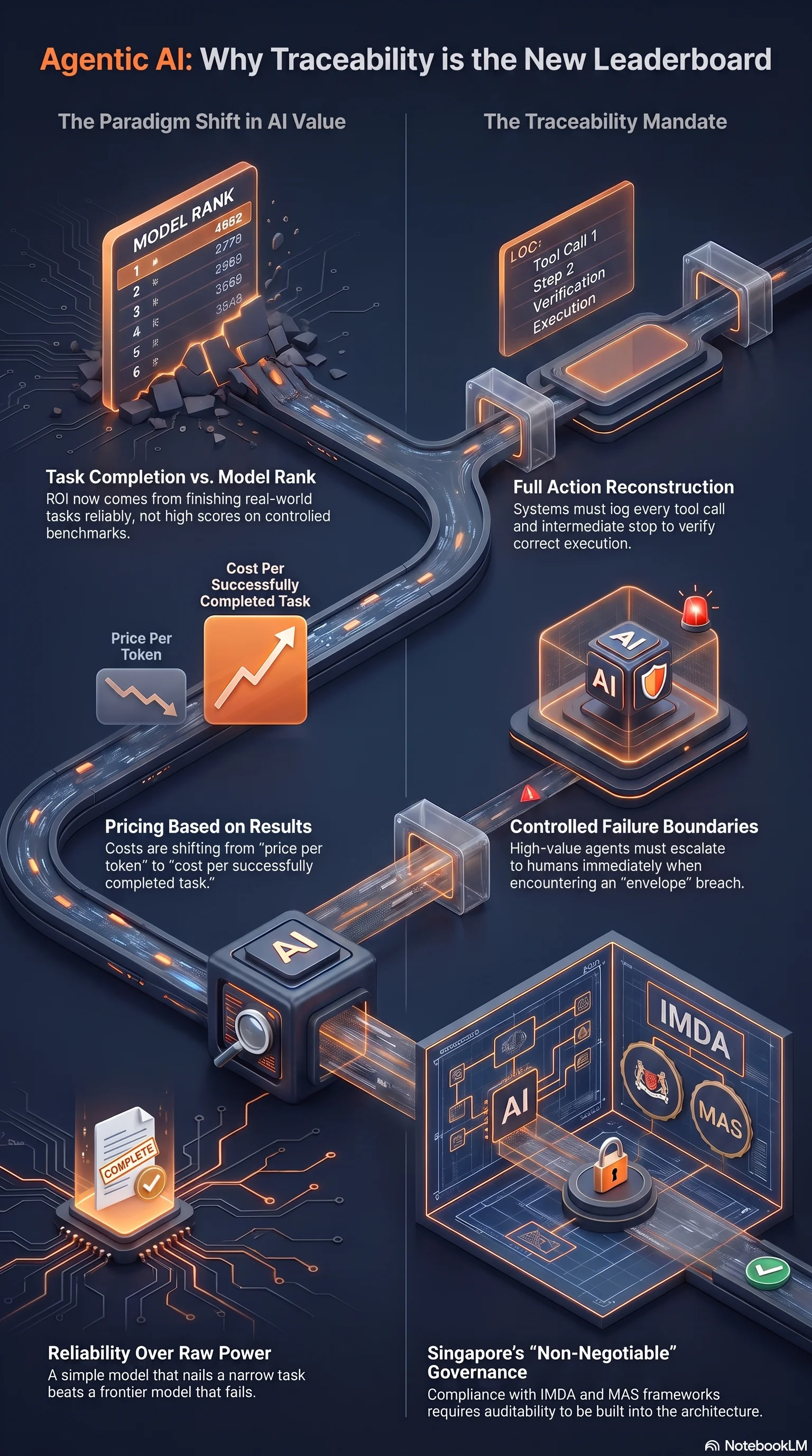 Infographic contrasting the paradigm shift in AI value (task completion over model rank, pricing per completed task, reliability over raw power) with the traceability mandate (full action reconstruction, controlled failure boundaries, and Singapore's IMDA and MAS governance requirements)
