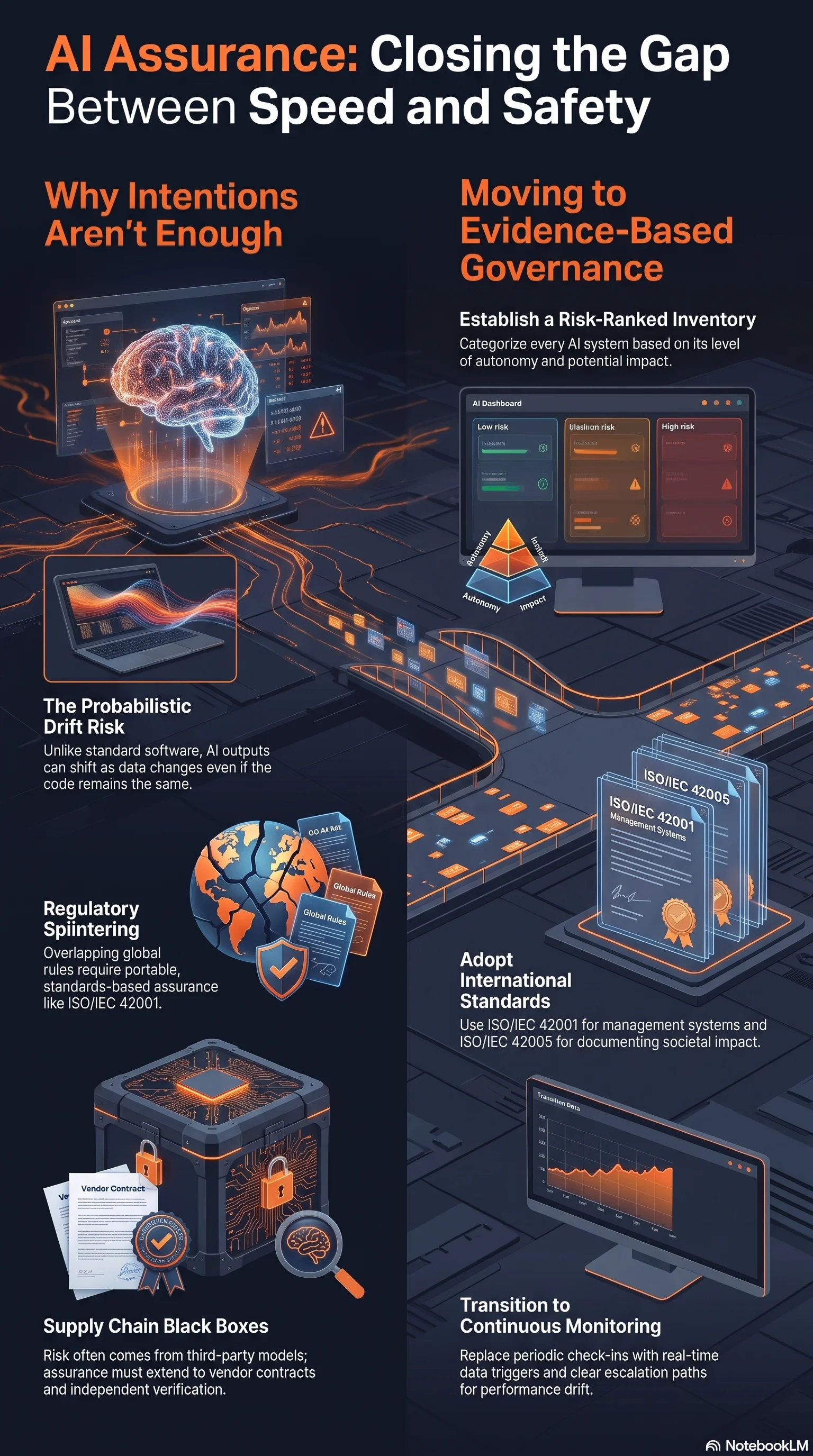 Infographic titled AI Assurance: Closing the Gap Between Speed and Safety, contrasting why intentions aren't enough (probabilistic drift risk, regulatory splintering, supply chain black boxes) with moving to evidence-based governance (risk-ranked inventory, ISO/IEC 42001 and 42005 standards, continuous monitoring)