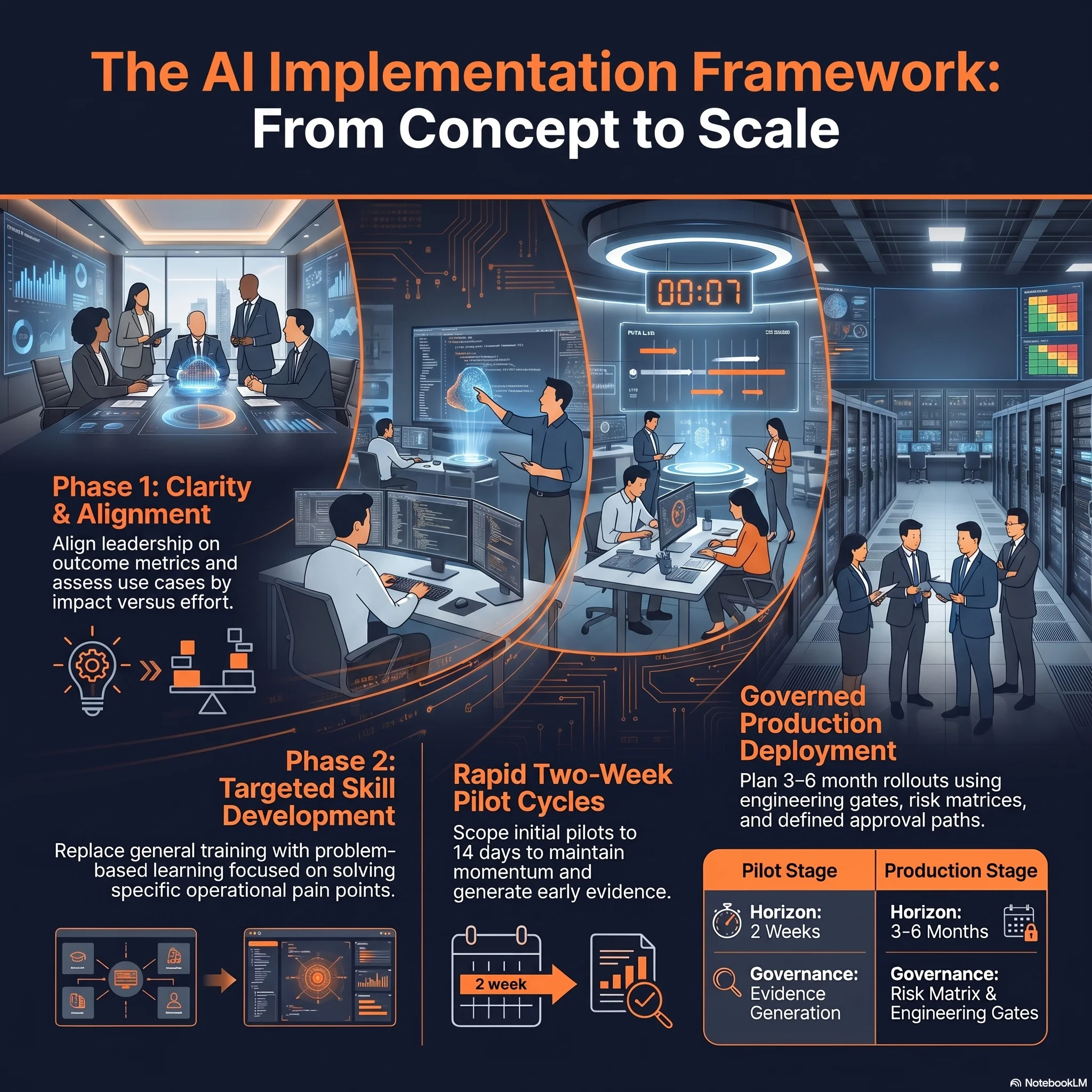 The AI Implementation Framework: three-phase model covering Clarity, Capability, and Execution for structured AI adoption