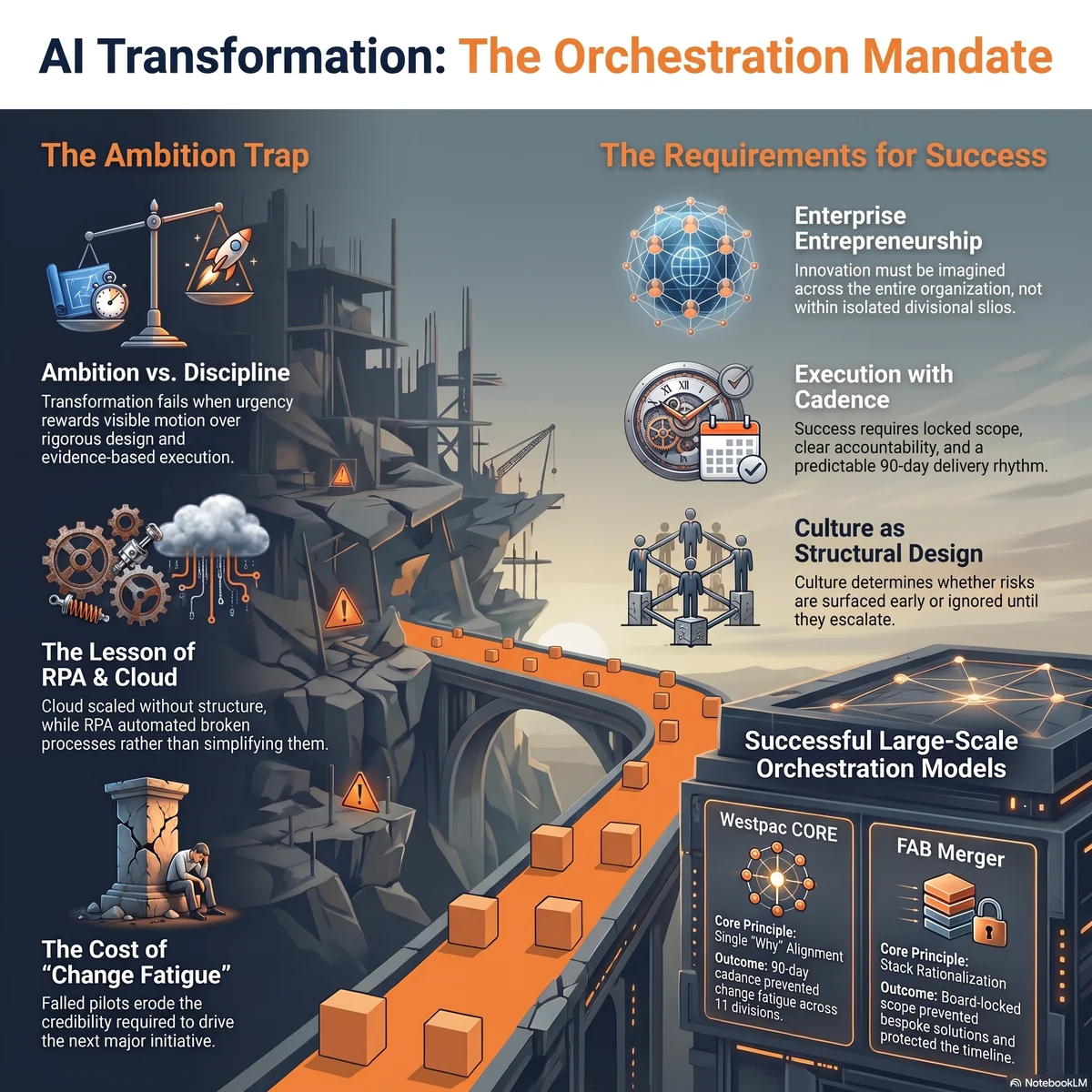 AI Transformation: The Orchestration Mandate: infographic showing the ambition trap, three requirements for success, and Westpac and FAB case studies