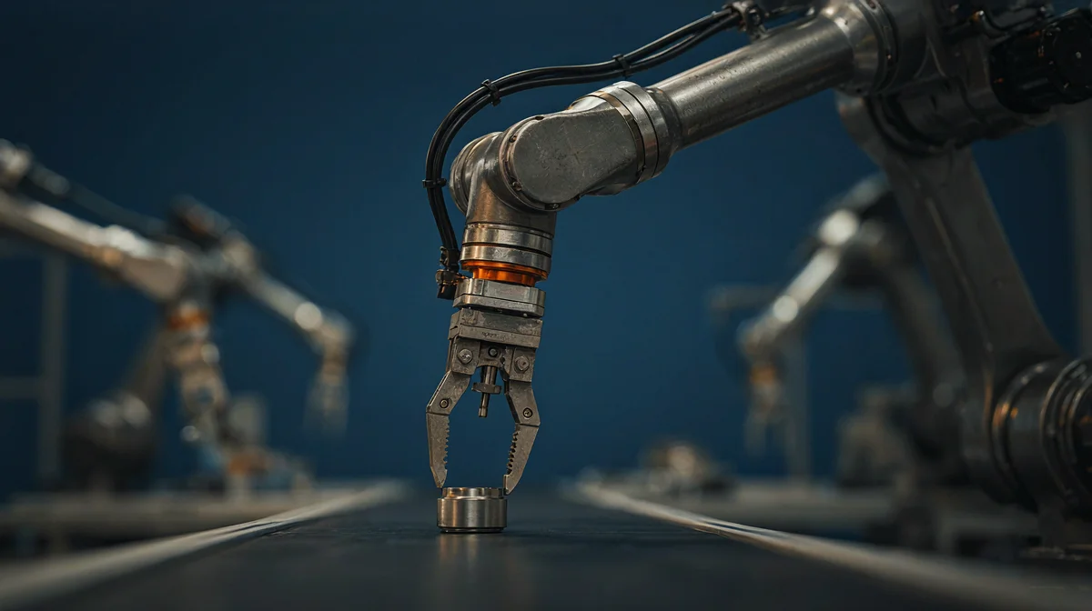 A precision robotic arm reaching to pick up a component on an assembly line, representing an AI agent that plans steps and takes action