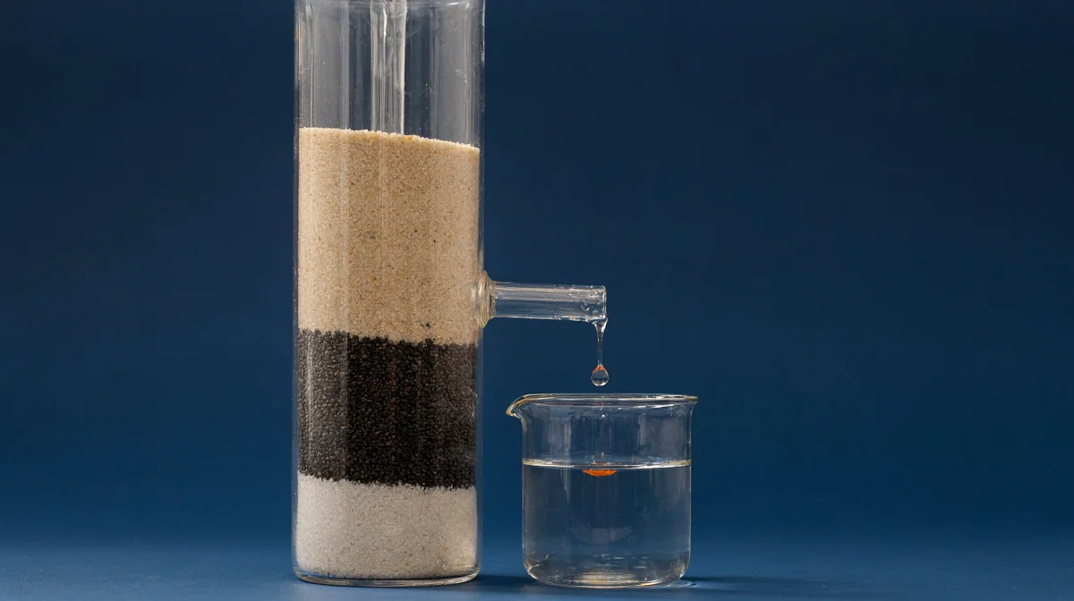 Cloudy water being filtered clear through layers of sand and charcoal, representing the data owner who knows what is clean and usable