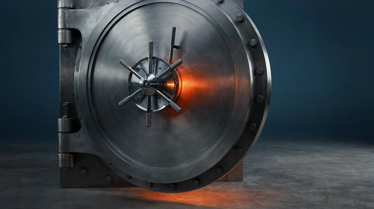 A heavy steel vault door with a combination dial, representing the governance owner who sets and enforces the rules before a system goes live