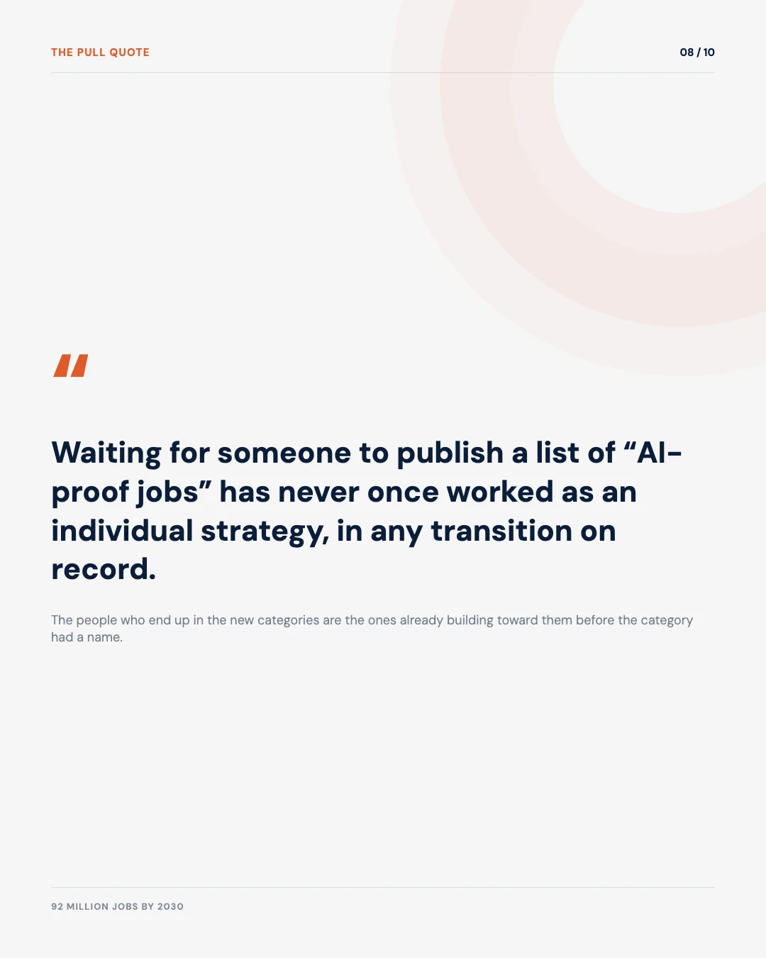 Carousel slide 8: quote, waiting for the new job category to be named has never once worked as an individual strategy