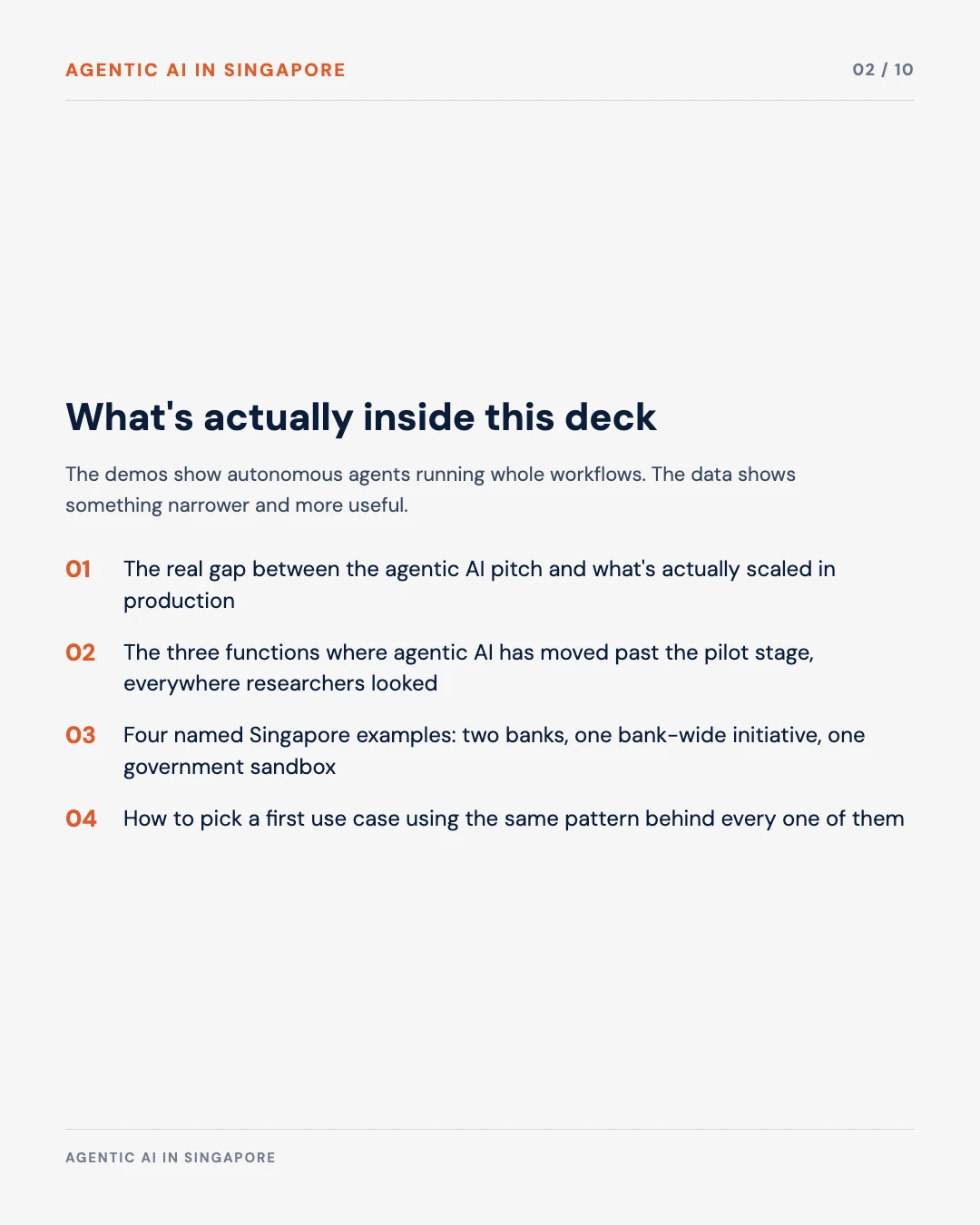 Carousel slide 2: what's inside, the gap between agentic AI demos and what's actually live