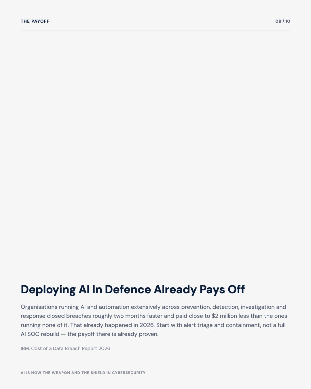 Carousel slide 8: deploying AI in defence already pays off, two months faster, two million dollars cheaper, IBM