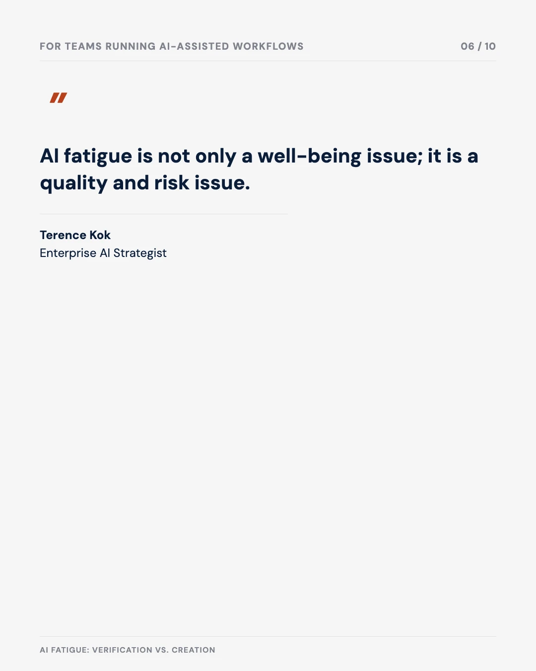 Carousel slide 6: quote — AI fatigue is a quality and risk issue