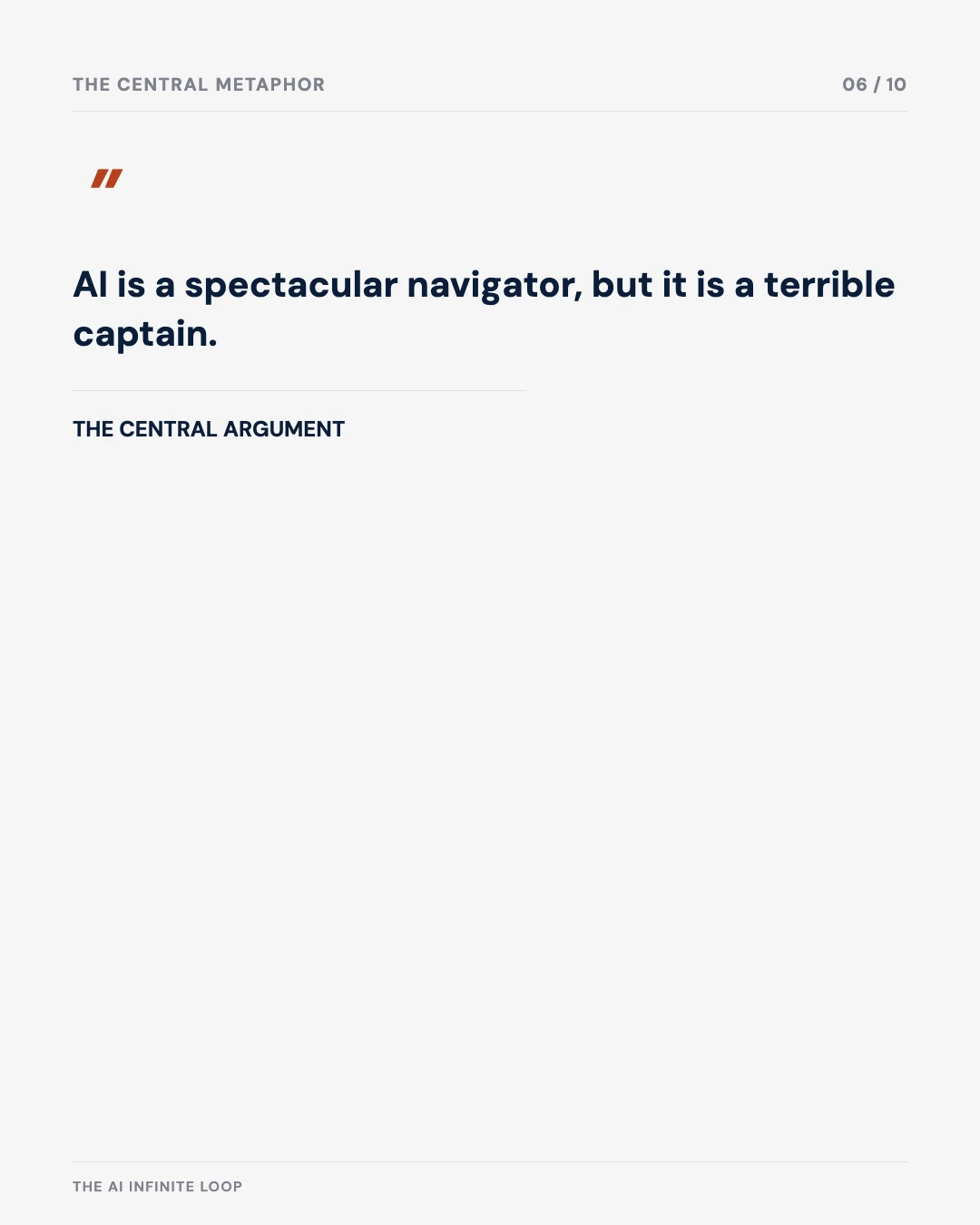 Carousel slide 6: quote, AI is a spectacular navigator but a terrible captain