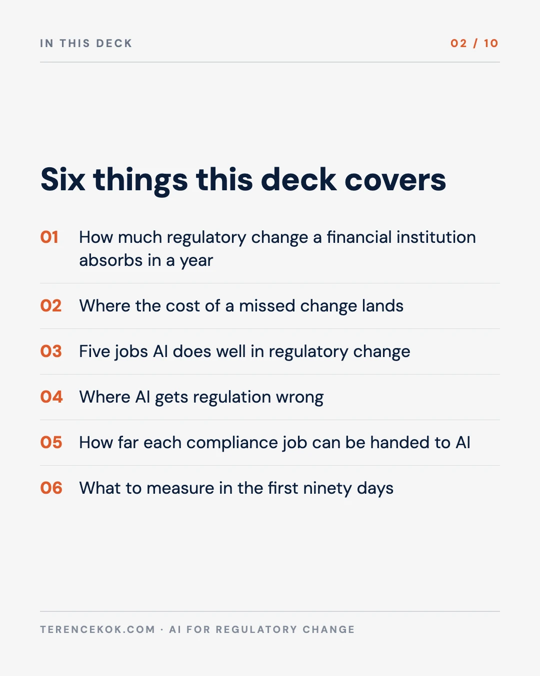 Carousel slide 2: agenda, six things this deck covers
