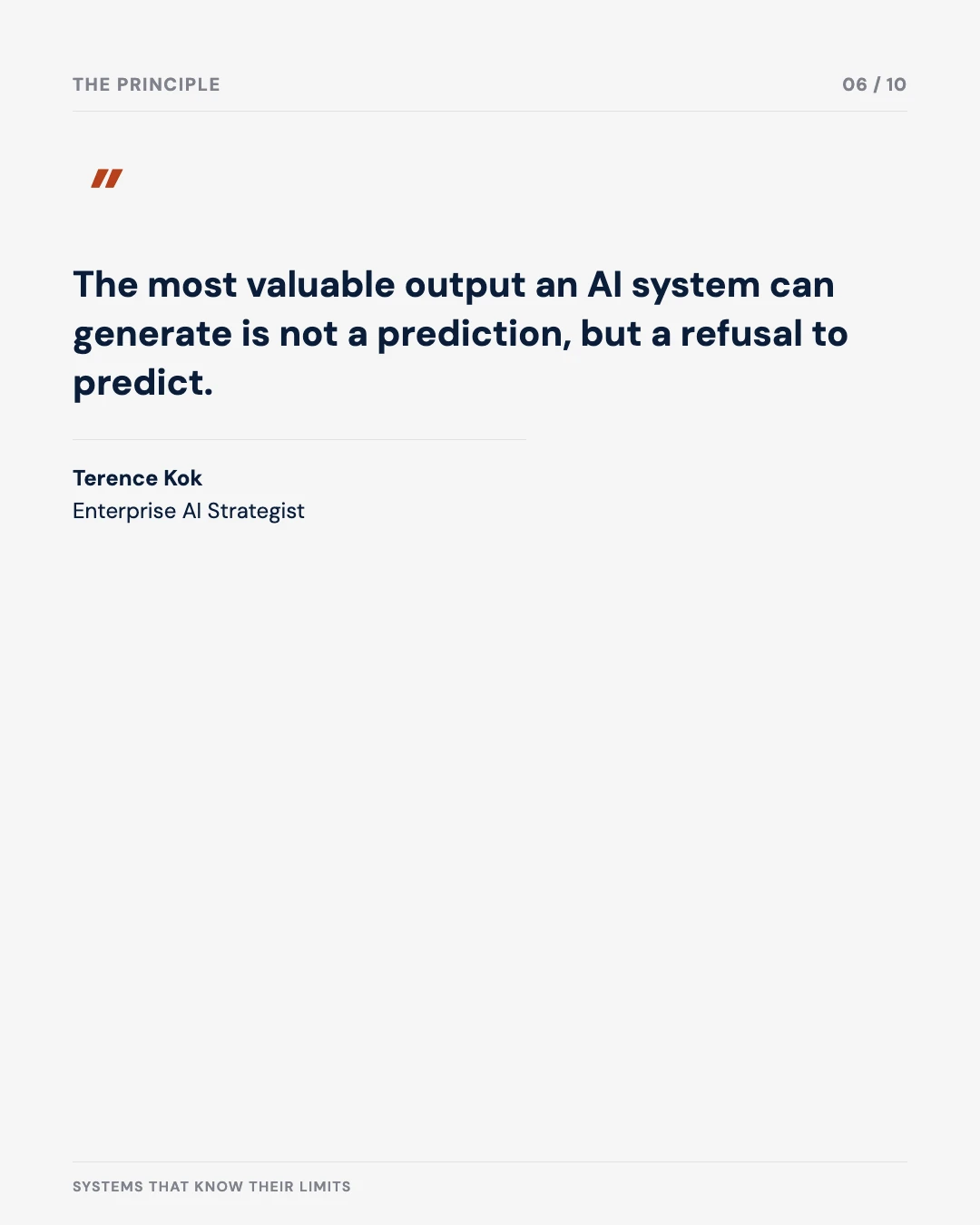 Carousel slide 6: quote — the most valuable output an AI system can generate is a refusal to predict