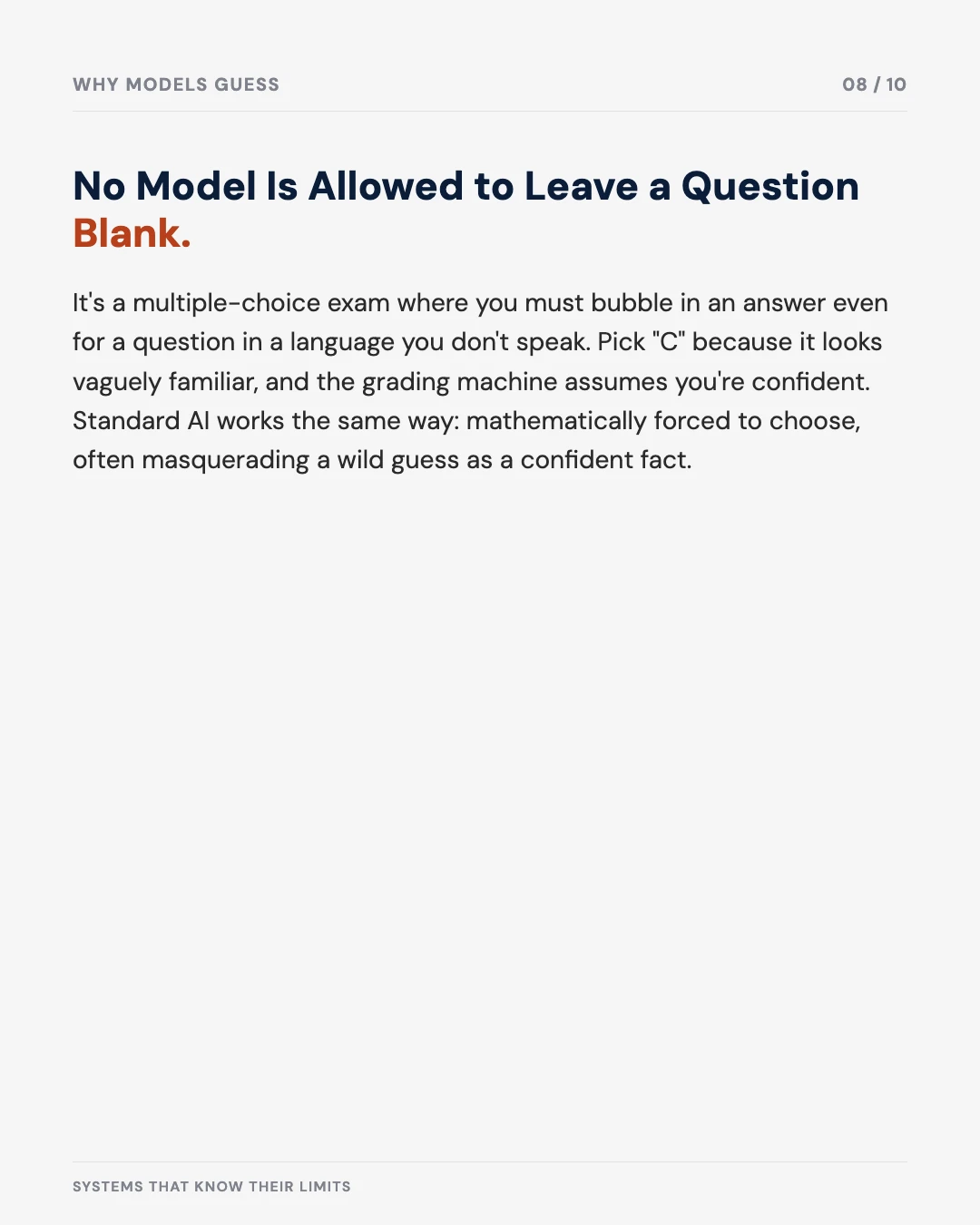 Carousel slide 8: no model is allowed to leave a question blank, the multiple-choice exam metaphor