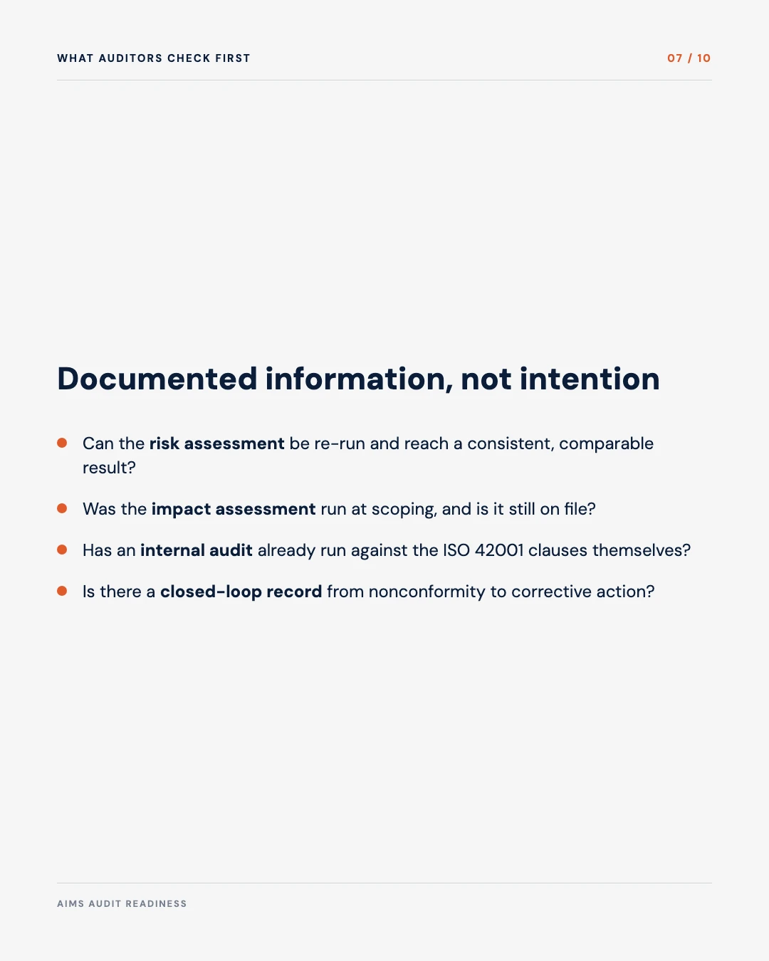 Carousel slide 7: what auditors check first, documented information not intention, risk assessment, impact assessment, internal audit, corrective action