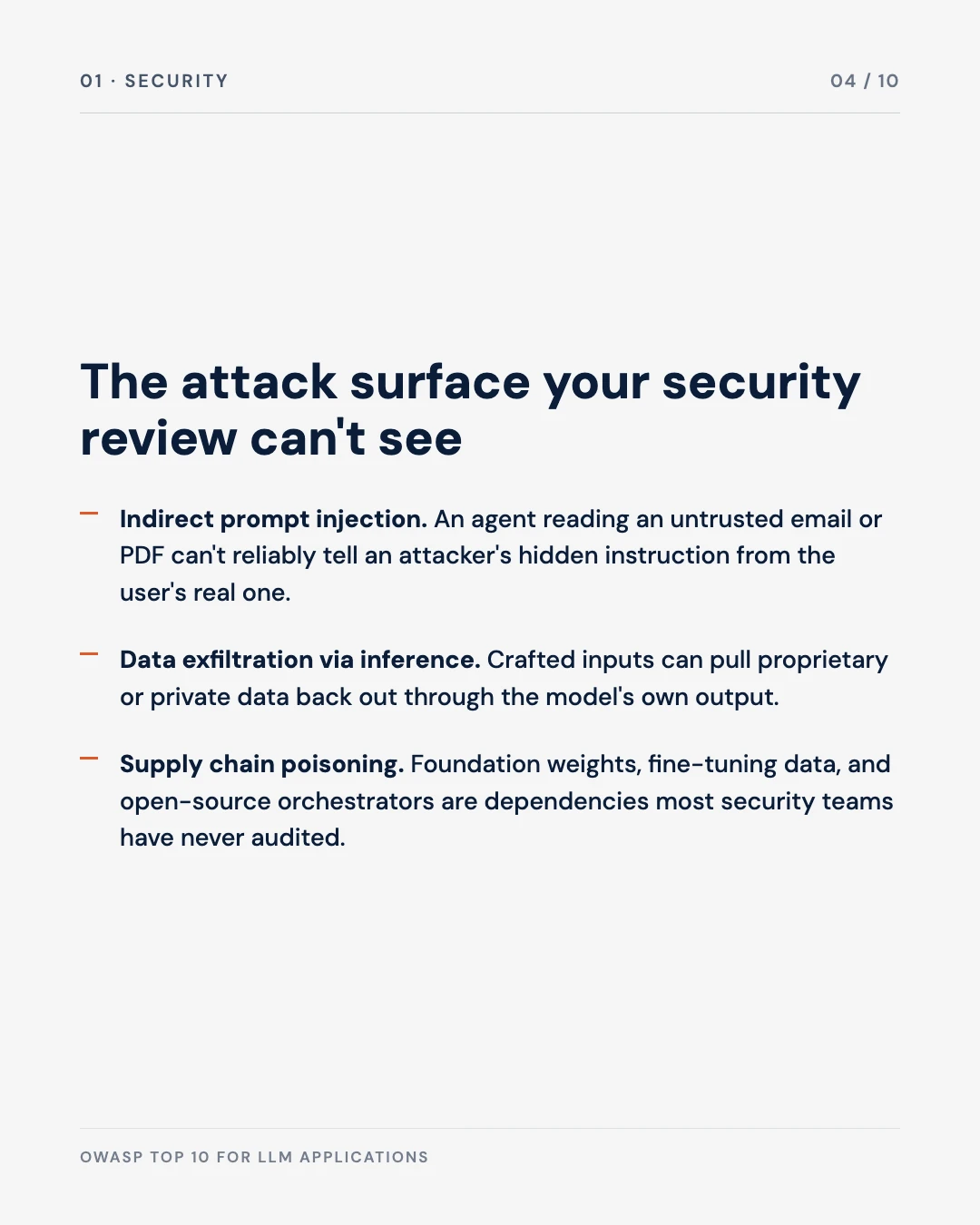 Carousel slide 4: security, prompt injection, data exfiltration, supply chain poisoning