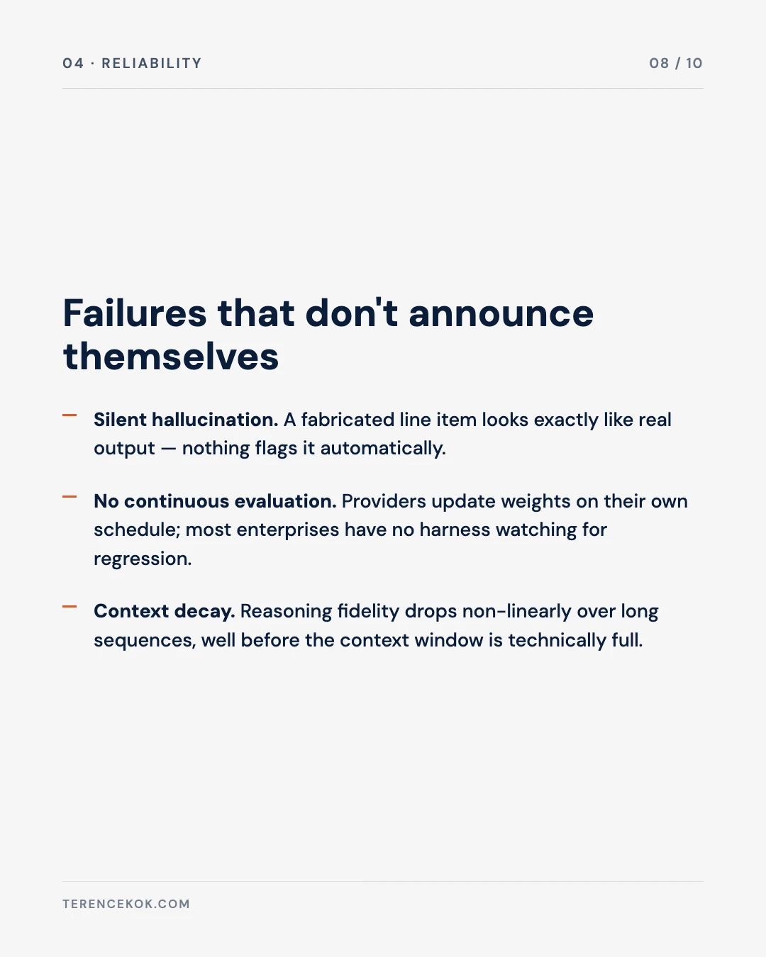 Carousel slide 8: reliability, silent hallucination, no continuous evaluation, context decay
