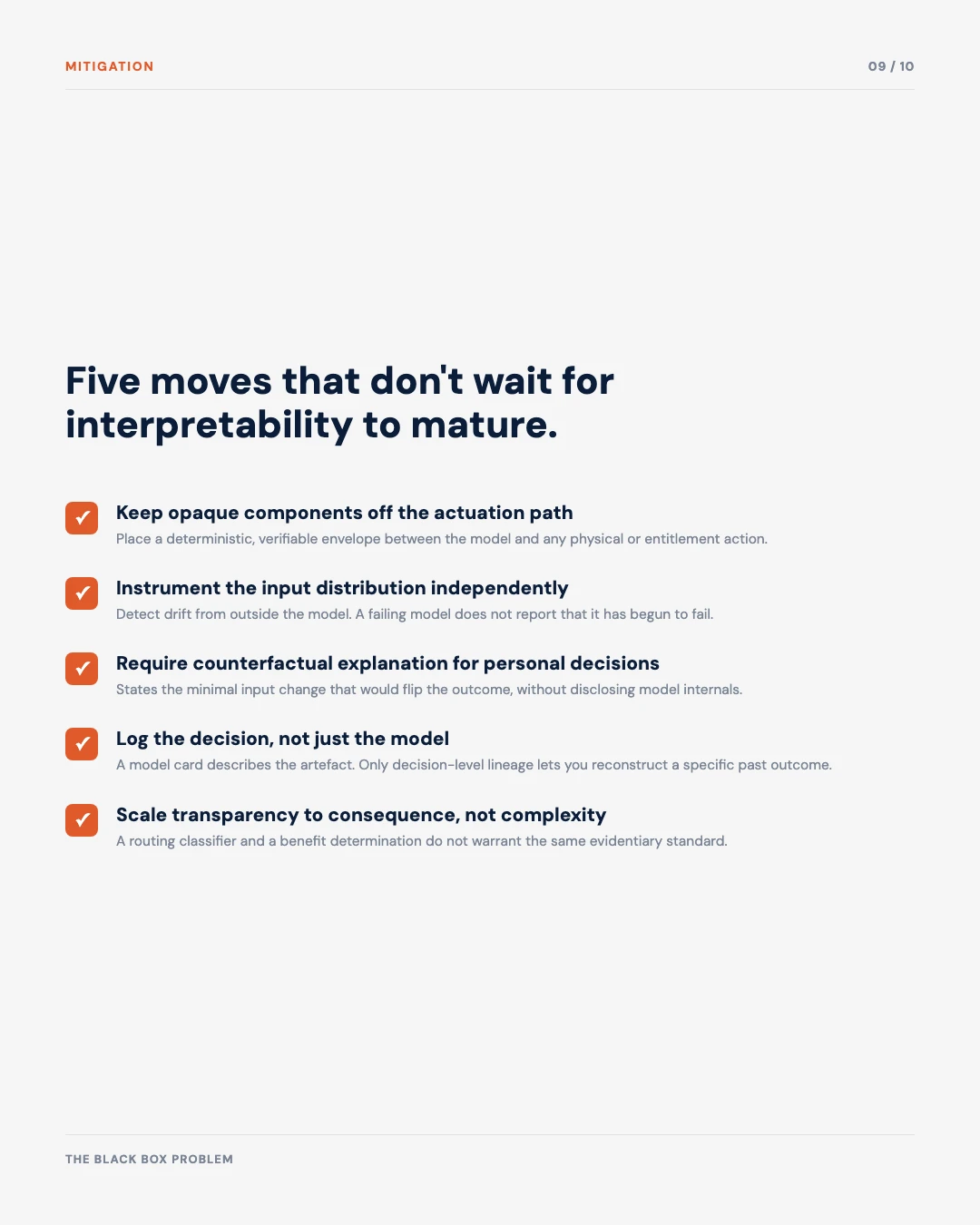Carousel slide 9: five moves that don't wait for interpretability to mature, actuation path, input distribution, counterfactual explanation, decision logging, proportional transparency