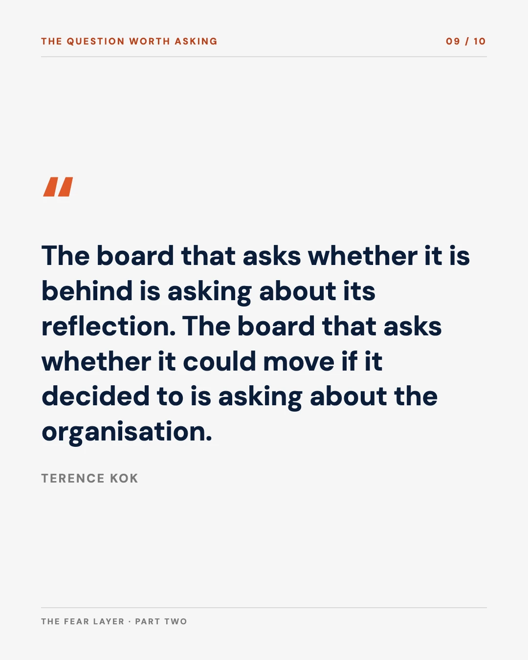 Carousel slide 9: pull quote on the board asking about its reflection versus its organisation