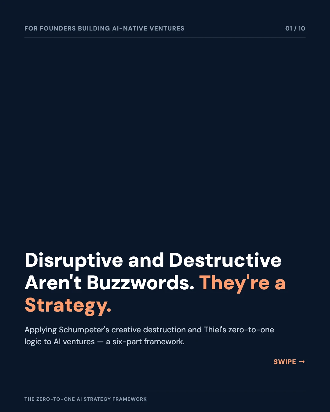 Carousel slide 1: disruptive and destructive aren't buzzwords, they're a strategy — Schumpeter and Thiel logic applied to AI ventures
