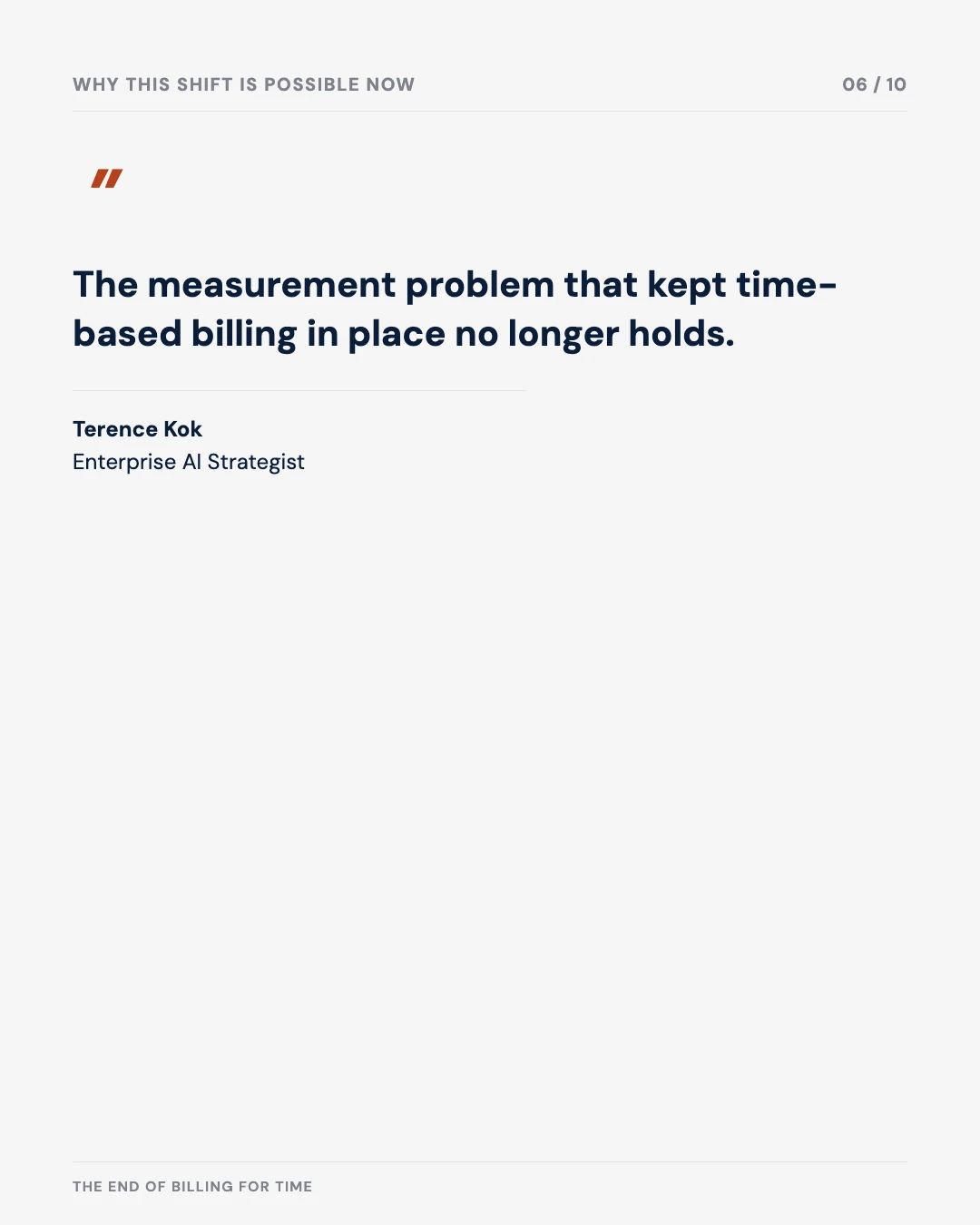 Carousel slide 6: quote — the measurement problem that kept time-based billing in place no longer holds