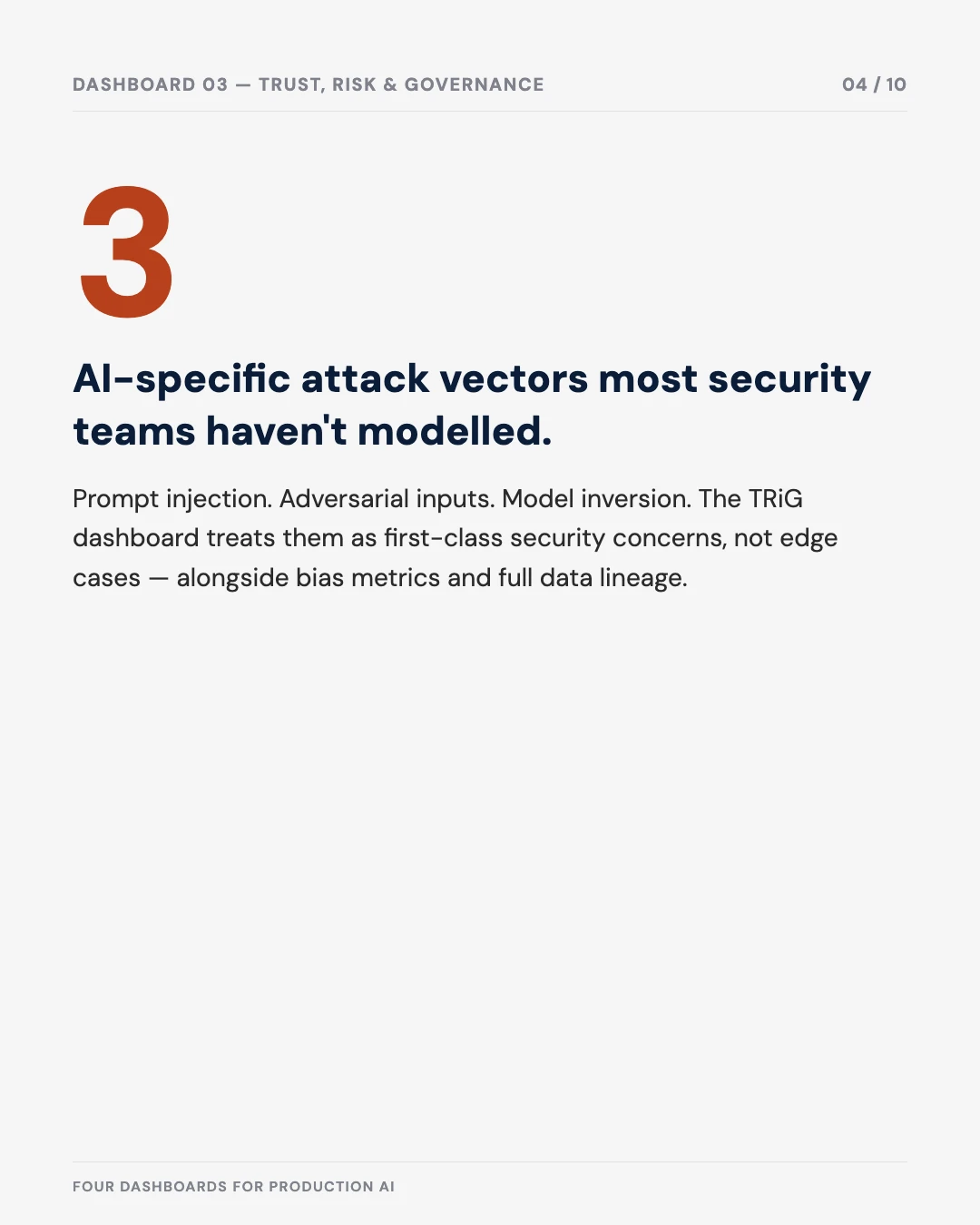 Carousel slide 4: three AI-specific attack vectors most security teams haven't modelled