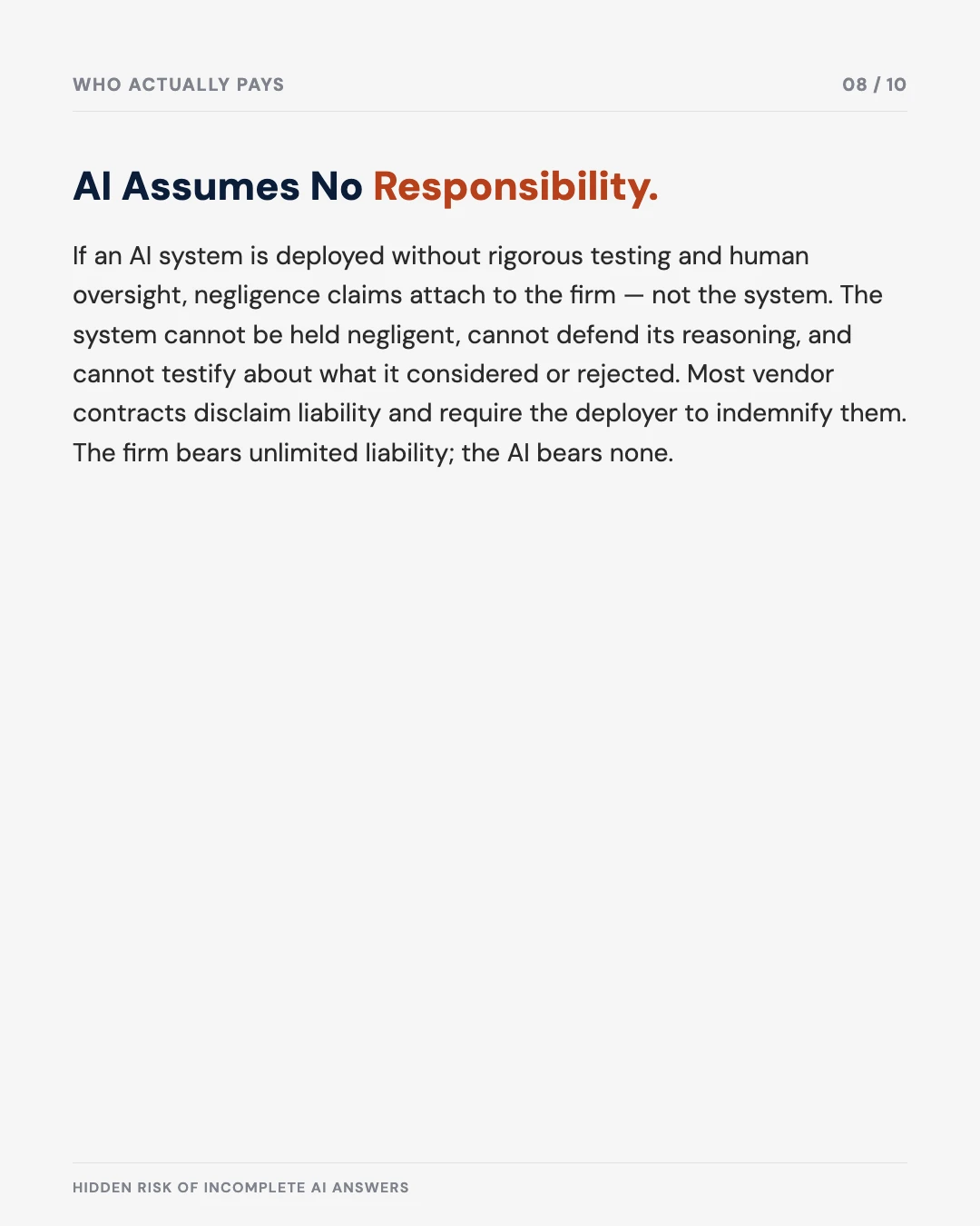 Carousel slide 8: AI assumes no responsibility, the firm bears unlimited liability