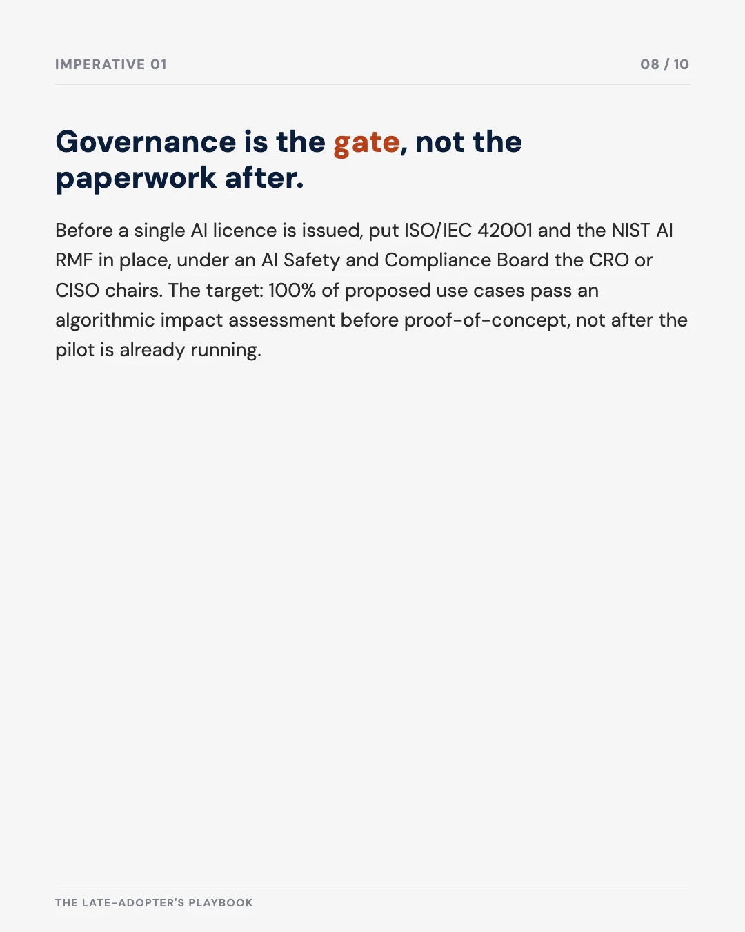 Carousel slide 8: governance is the gate, not the paperwork after