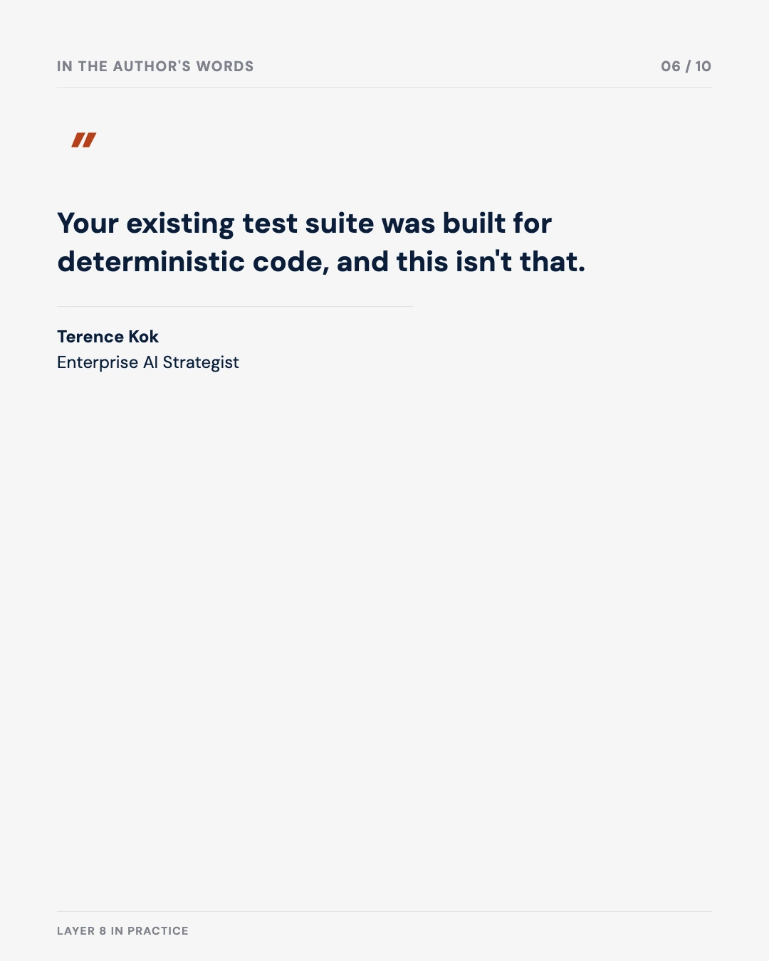 Carousel slide 6: quote from the author on test suites and deterministic code
