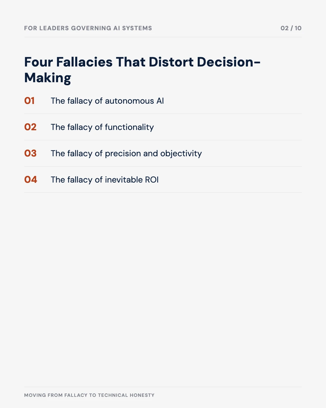 Carousel slide 2: four fallacies that distort decision-making — autonomy, functionality, precision and objectivity, inevitable ROI