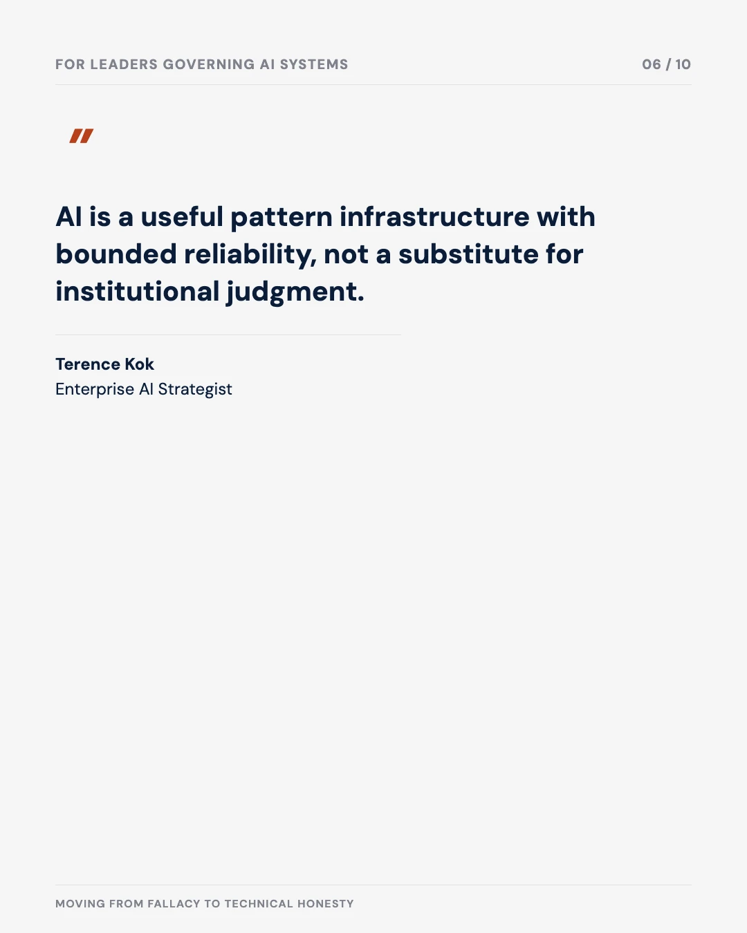 Carousel slide 6: quote — AI is a useful pattern infrastructure with bounded reliability, not a substitute for institutional judgment