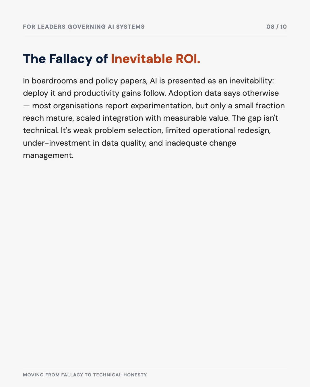 Carousel slide 8: the fallacy of inevitable ROI — the gap is weak problem selection, not technology