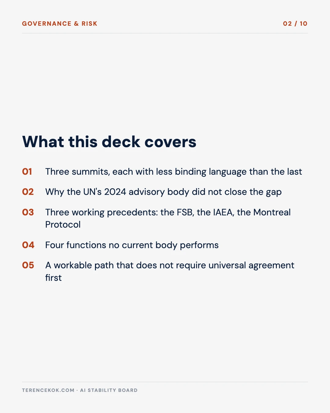 Carousel slide 2: agenda, the summit pattern, why the UN's 2024 body did not close the gap, three precedents, four missing functions, a workable path