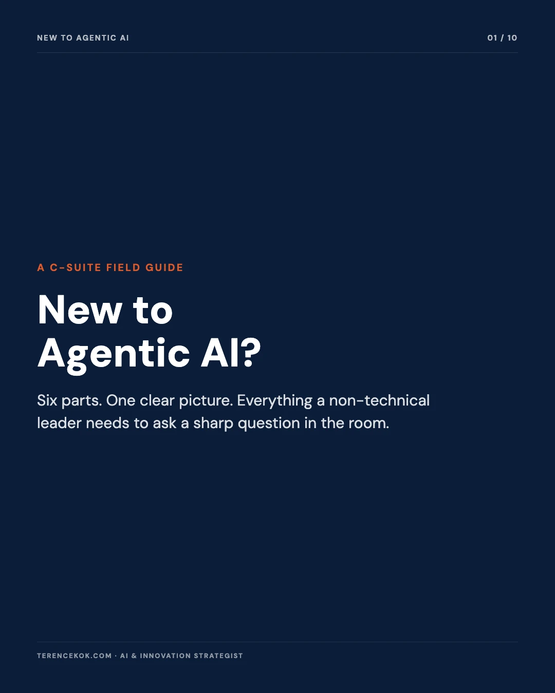 Carousel slide 1: cover, New to Agentic AI, a C-suite field guide, six parts one clear picture