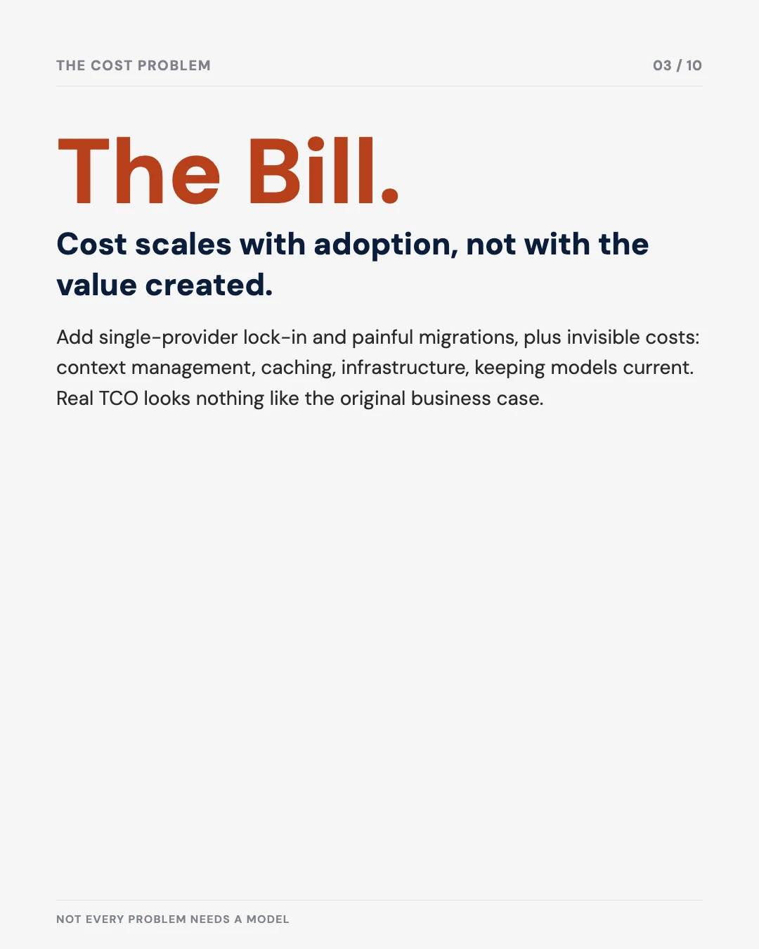 Carousel slide 3: the cost problem, cost scales with adoption not value