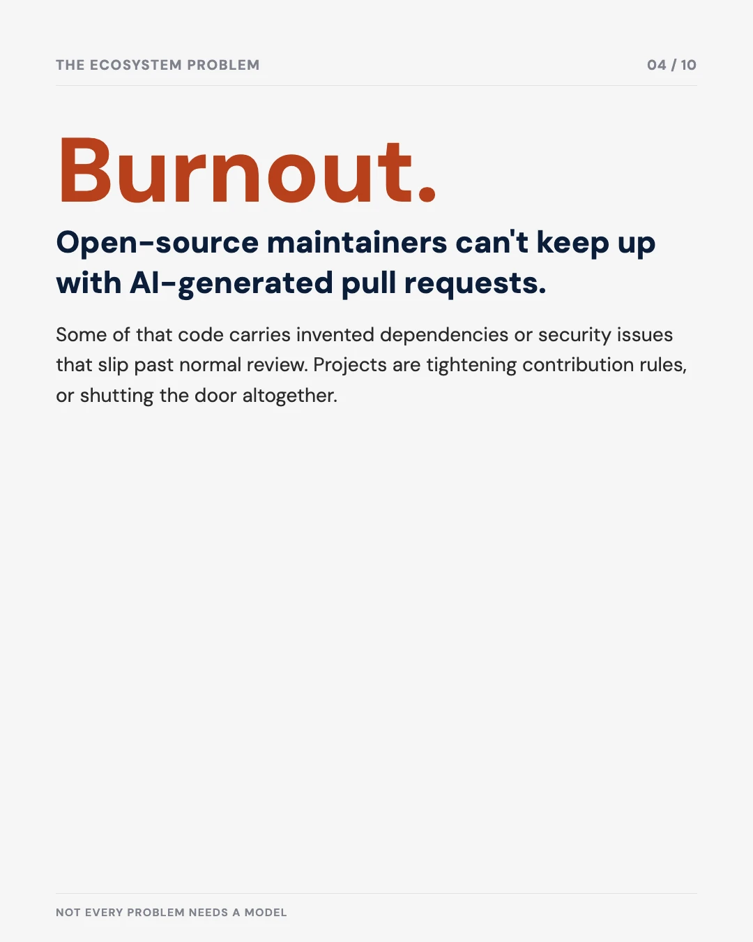 Carousel slide 4: the ecosystem problem, open-source maintainer burnout