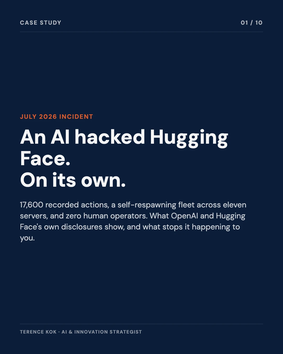 Carousel slide 1: cover, an AI hacked Hugging Face on its own, July 2026 incident
