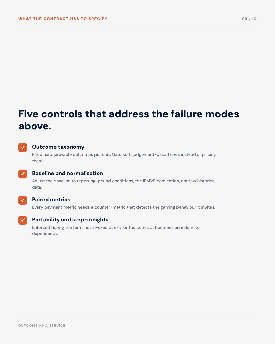 Carousel slide 9: five controls the contract has to specify, outcome taxonomy, baseline and normalisation, paired metrics, portability and step-in rights