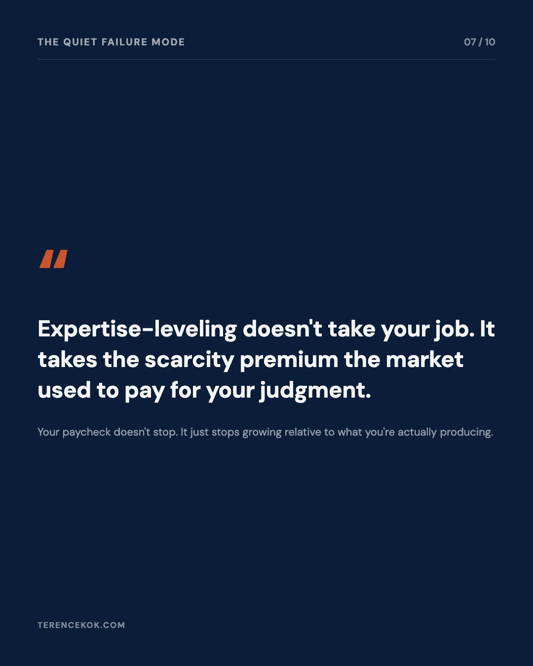 Carousel slide 7: quote, expertise leveling doesn't take your job, it takes the scarcity premium the market paid for your judgment