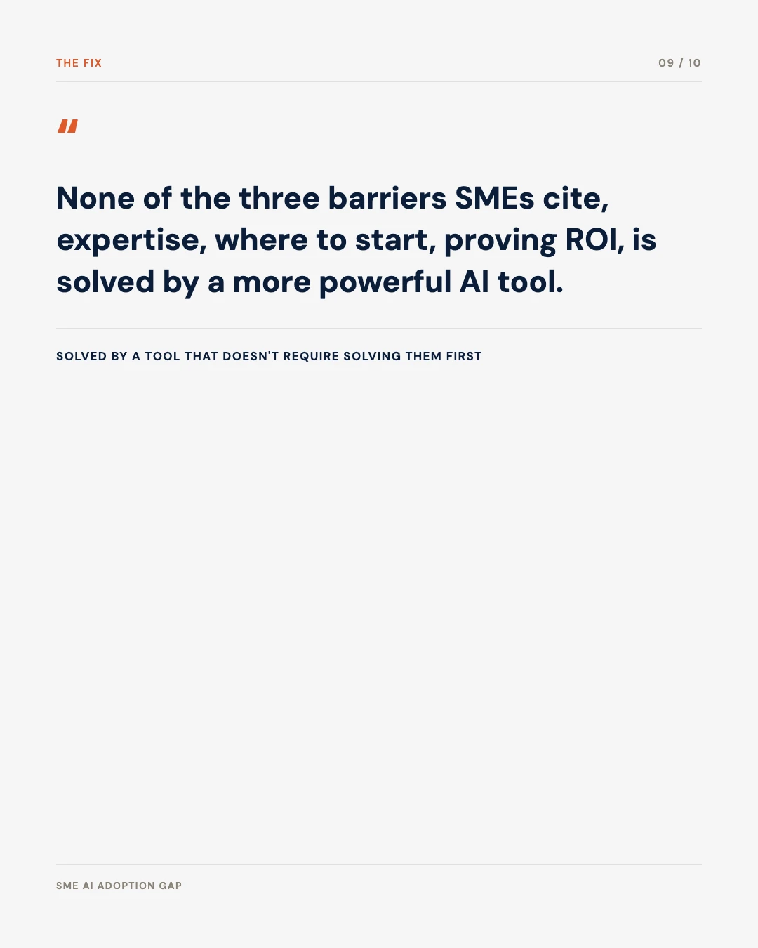 Carousel slide 9: the fix is a tool that doesn't require solving the barriers first
