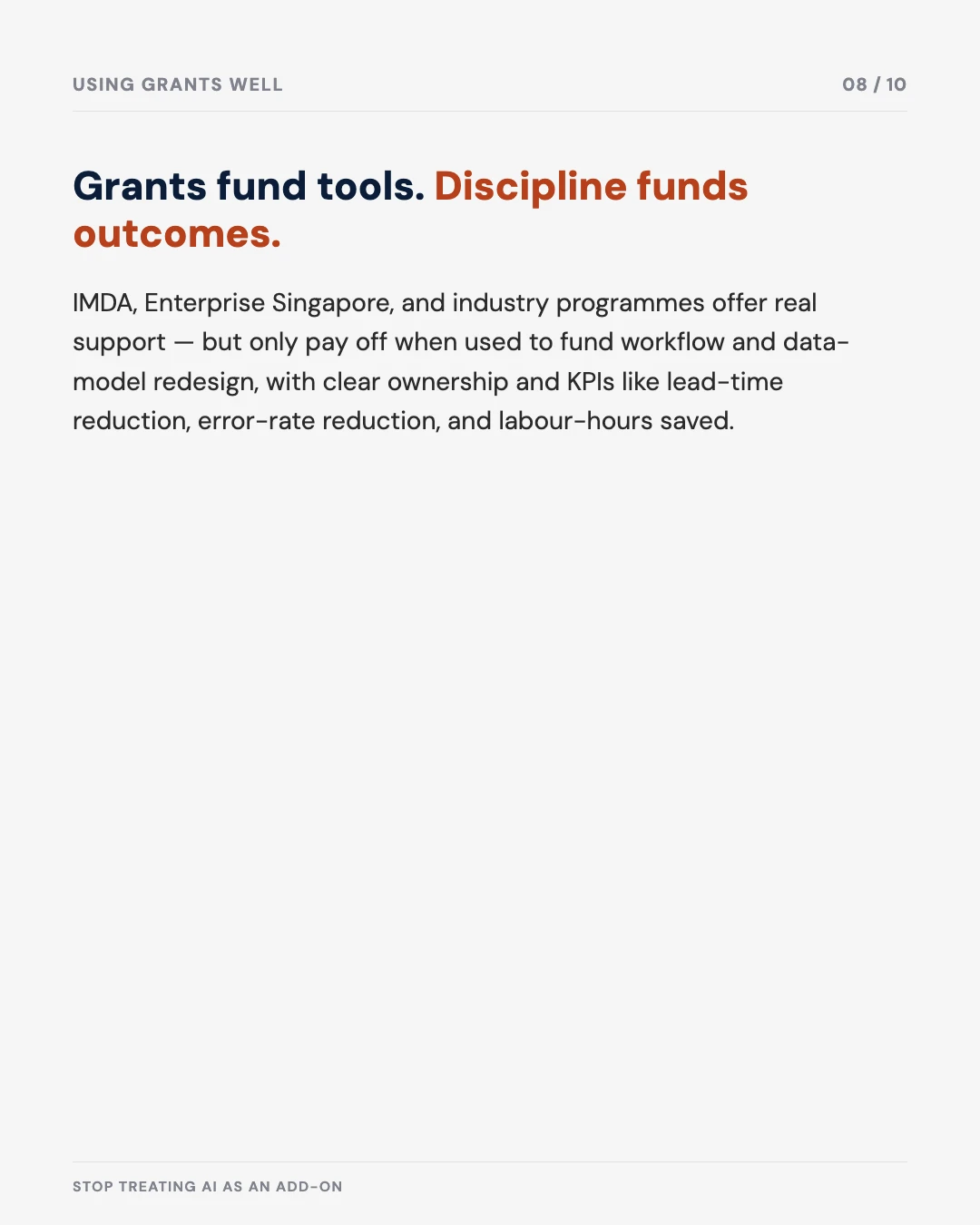 Carousel slide 8: grants fund tools, discipline funds outcomes