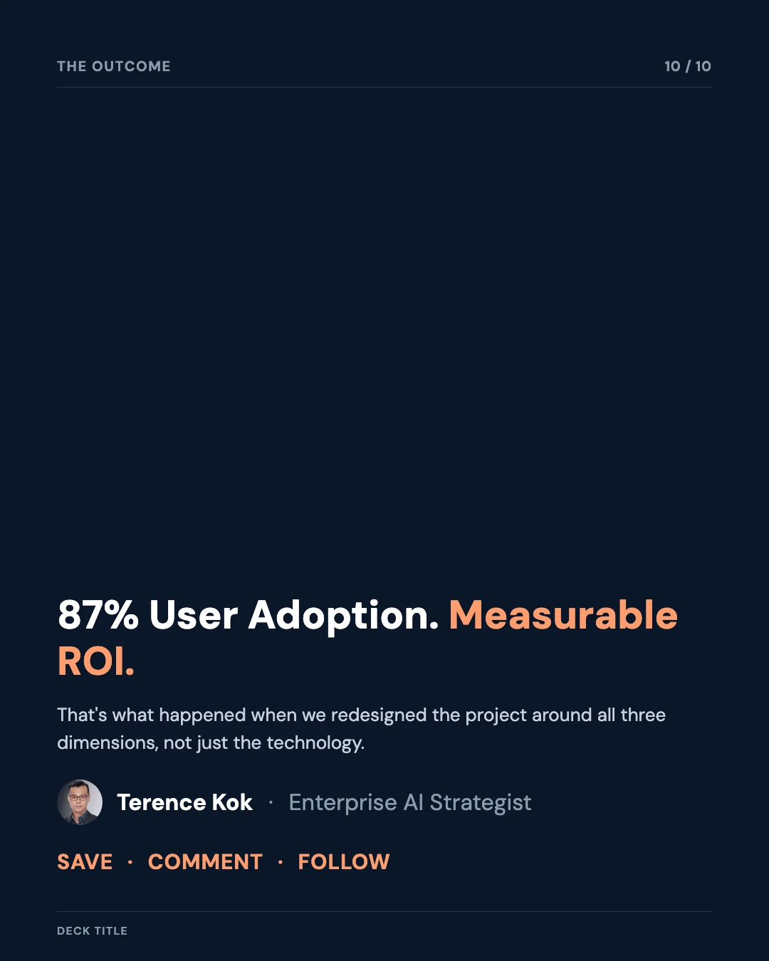 Carousel slide 10: closing call to action, 87% user adoption and measurable ROI