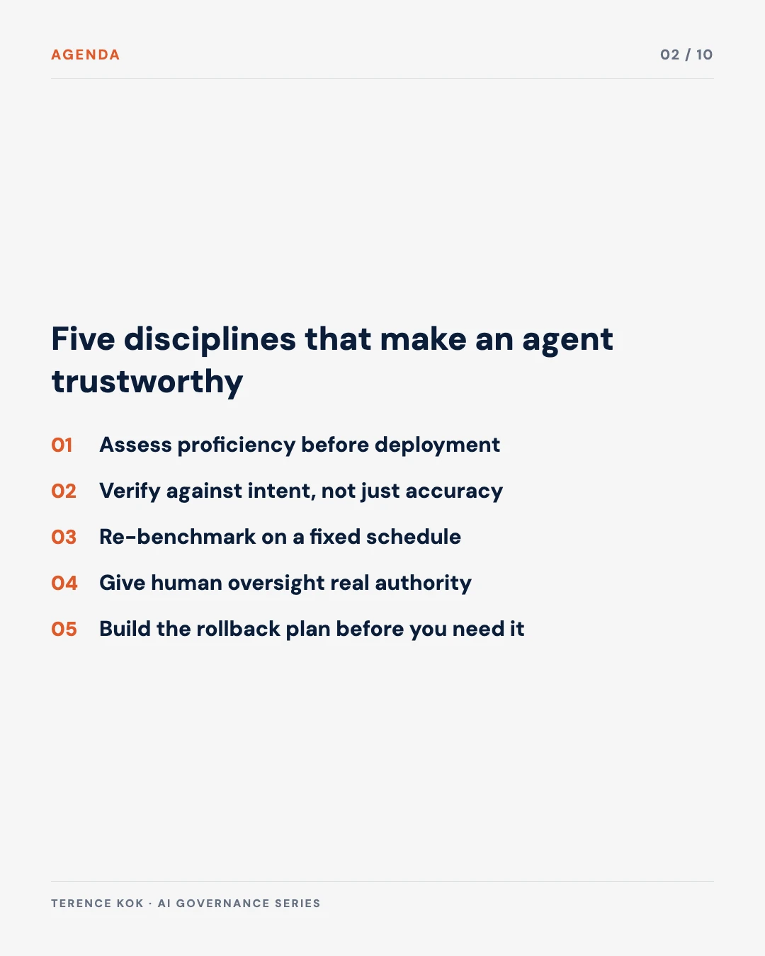Carousel slide 2: agenda, five disciplines, assess, verify, re-benchmark, oversight, rollback