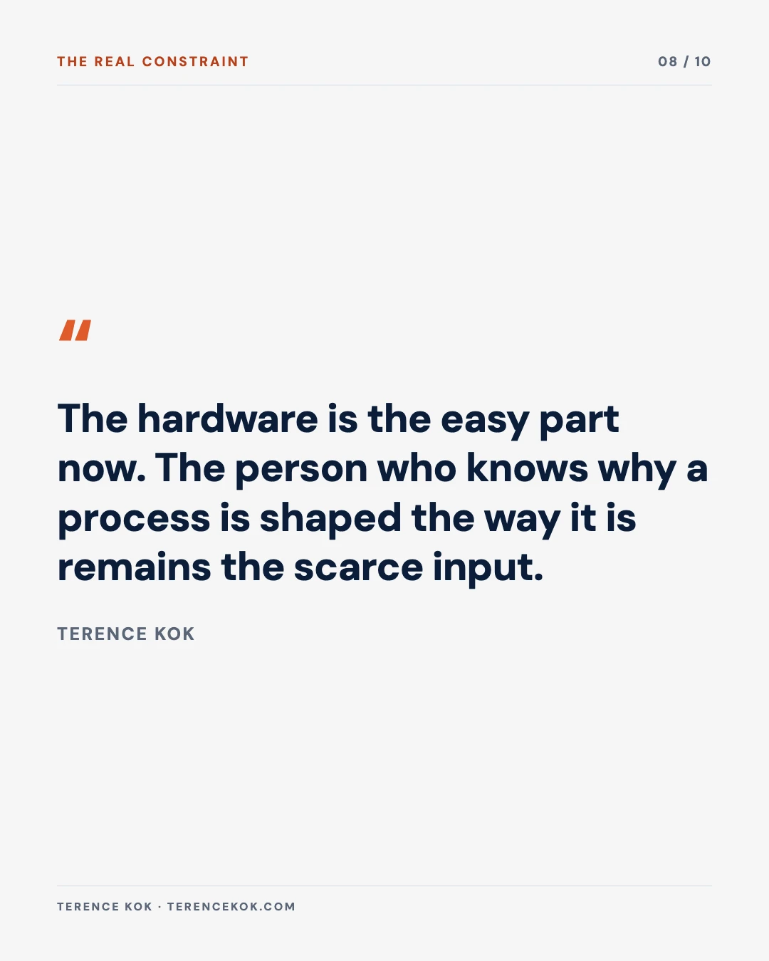Carousel slide 8: pull quote, the hardware is the easy part now, the person who knows why a process is shaped the way it is remains the scarce input