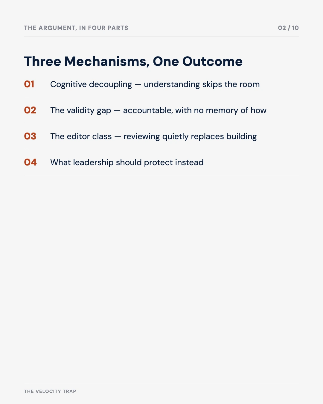 Carousel slide 2: agenda, Three Mechanisms, One Outcome