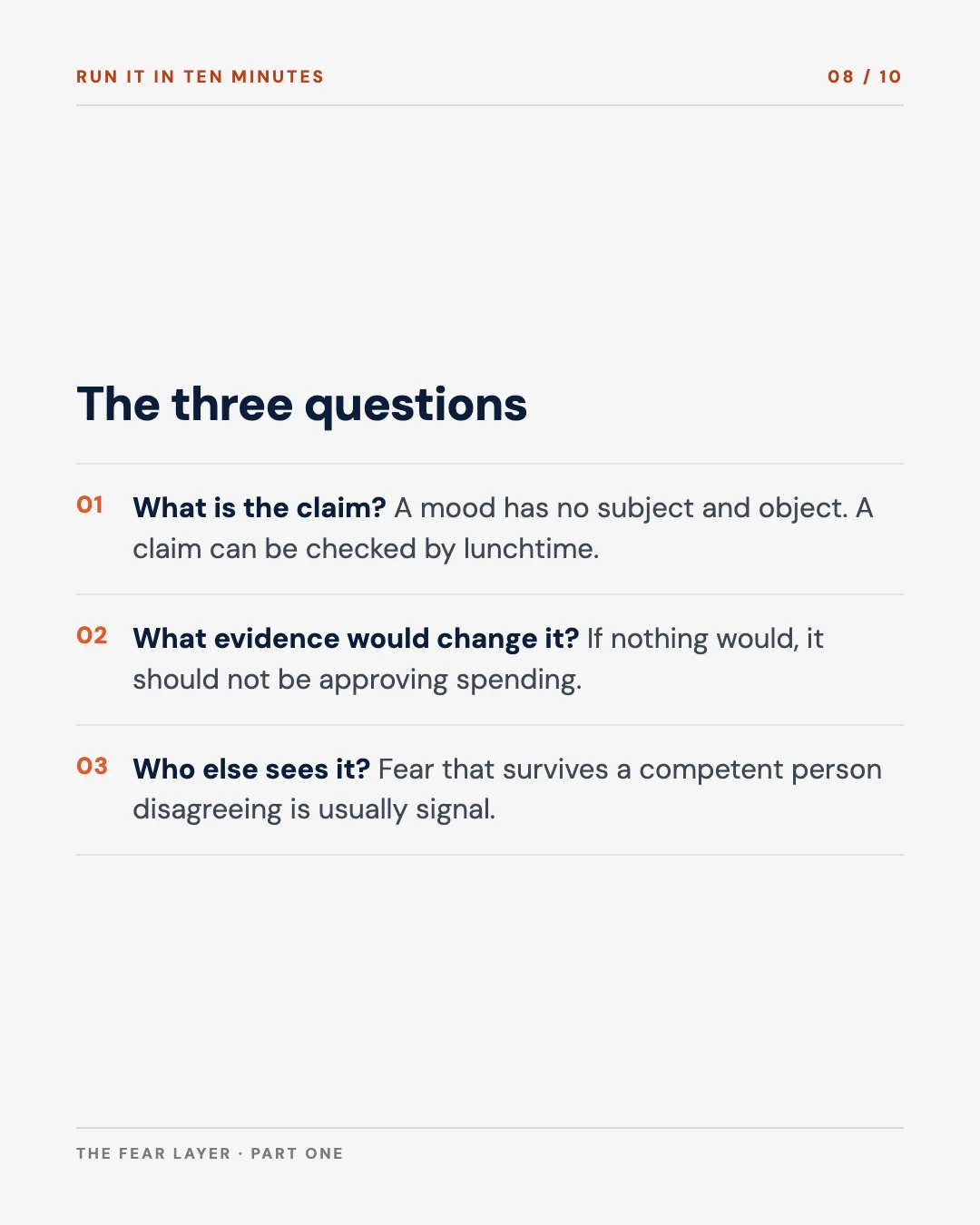 Carousel slide 8: the three questions in full
