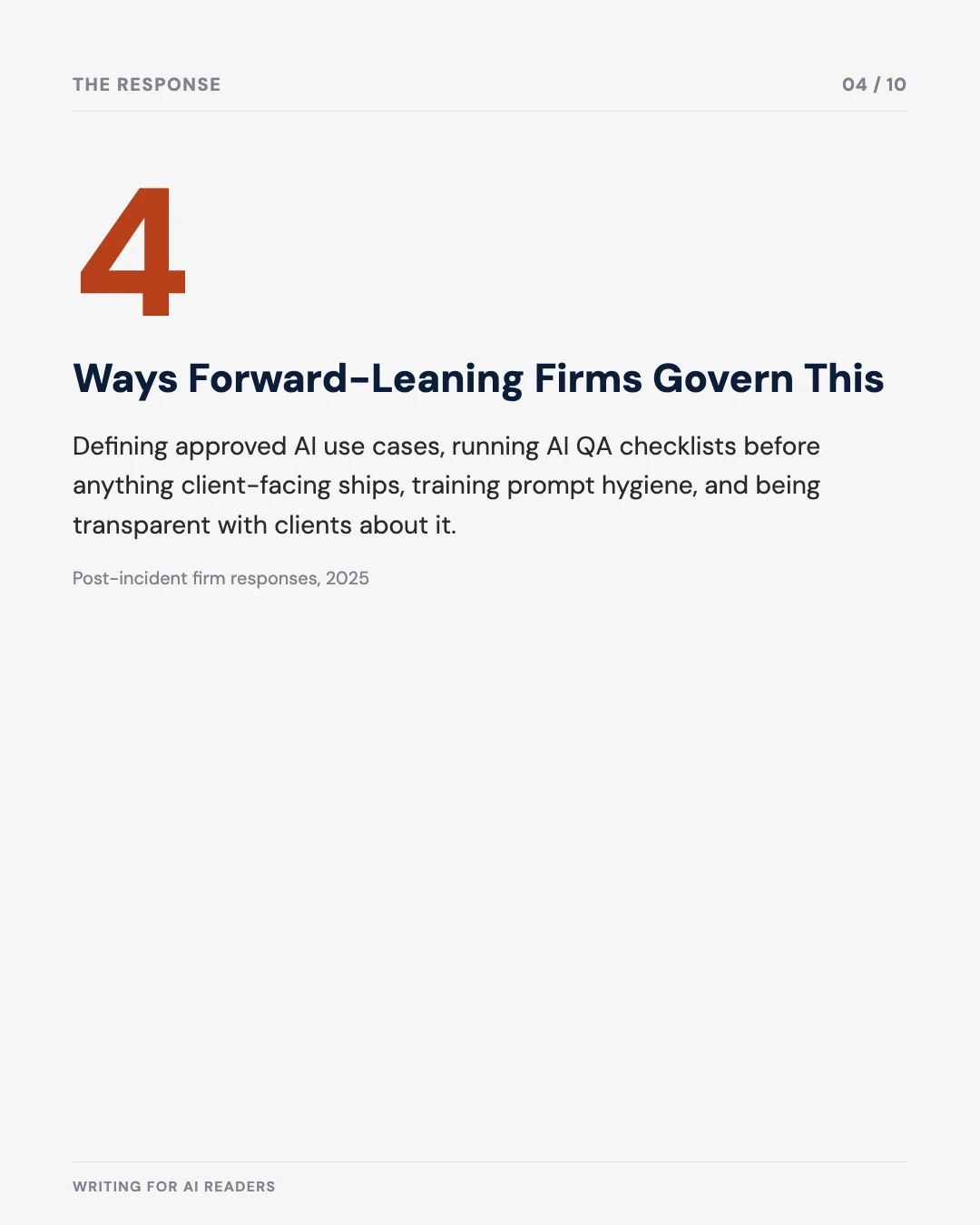 Carousel slide 4: four ways forward-leaning firms govern AI use in client deliverables