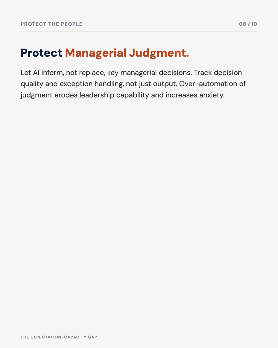 Carousel slide 8: protect managerial judgment, don't let AI replace key decisions