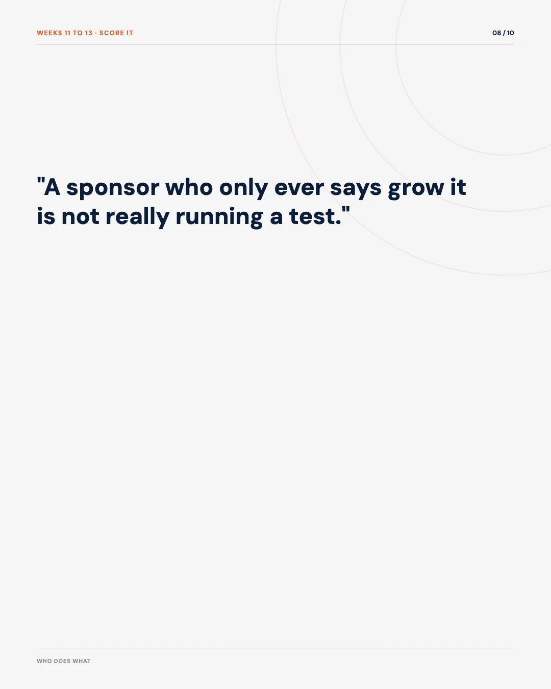 Carousel slide 8: quote, a sponsor who only ever says grow it is not really running a test