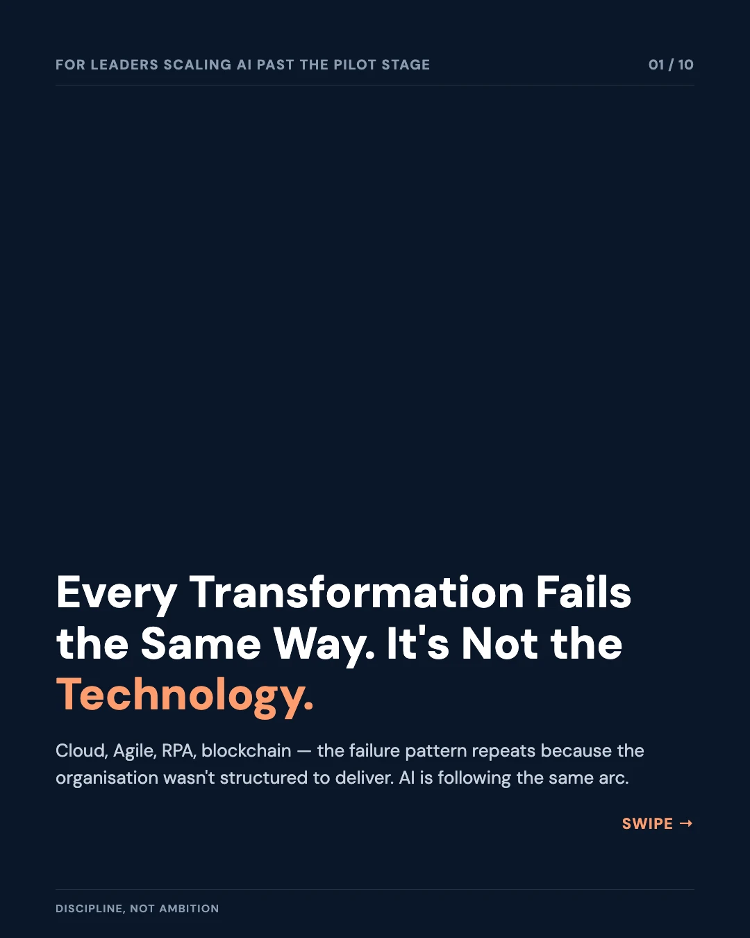 Carousel slide 1: cover — every transformation fails the same way, it's not the technology