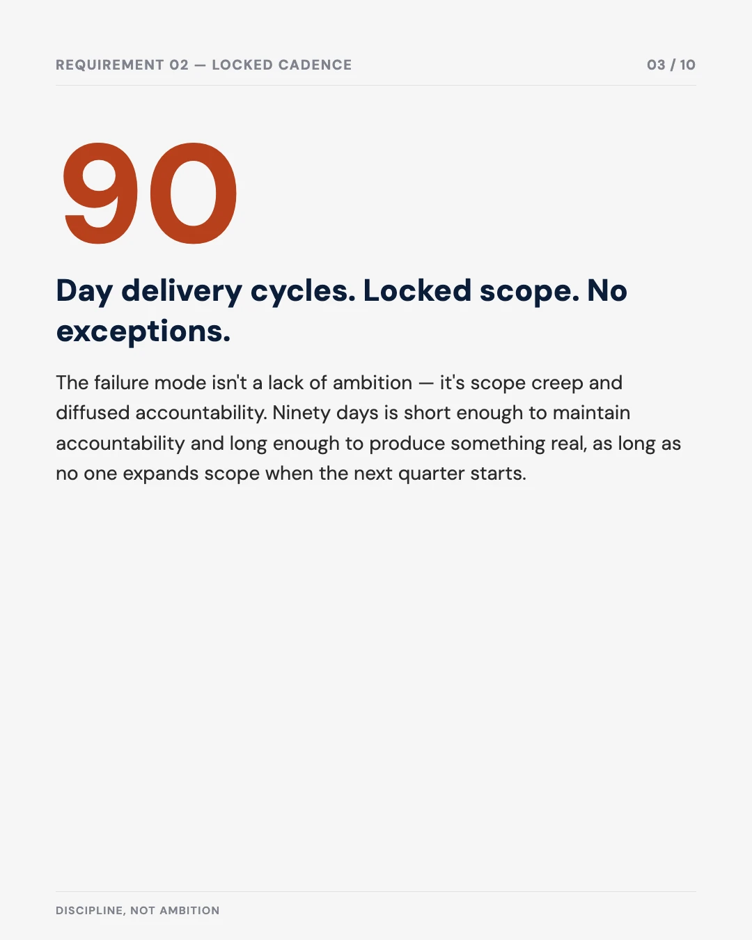 Carousel slide 3: 90-day delivery cycles with locked scope