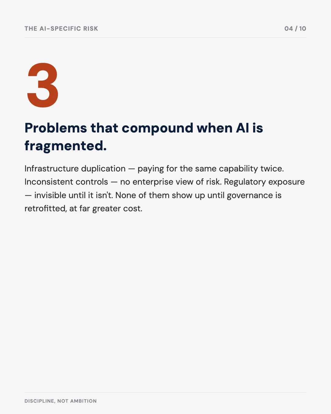 Carousel slide 4: three problems that compound when AI is fragmented