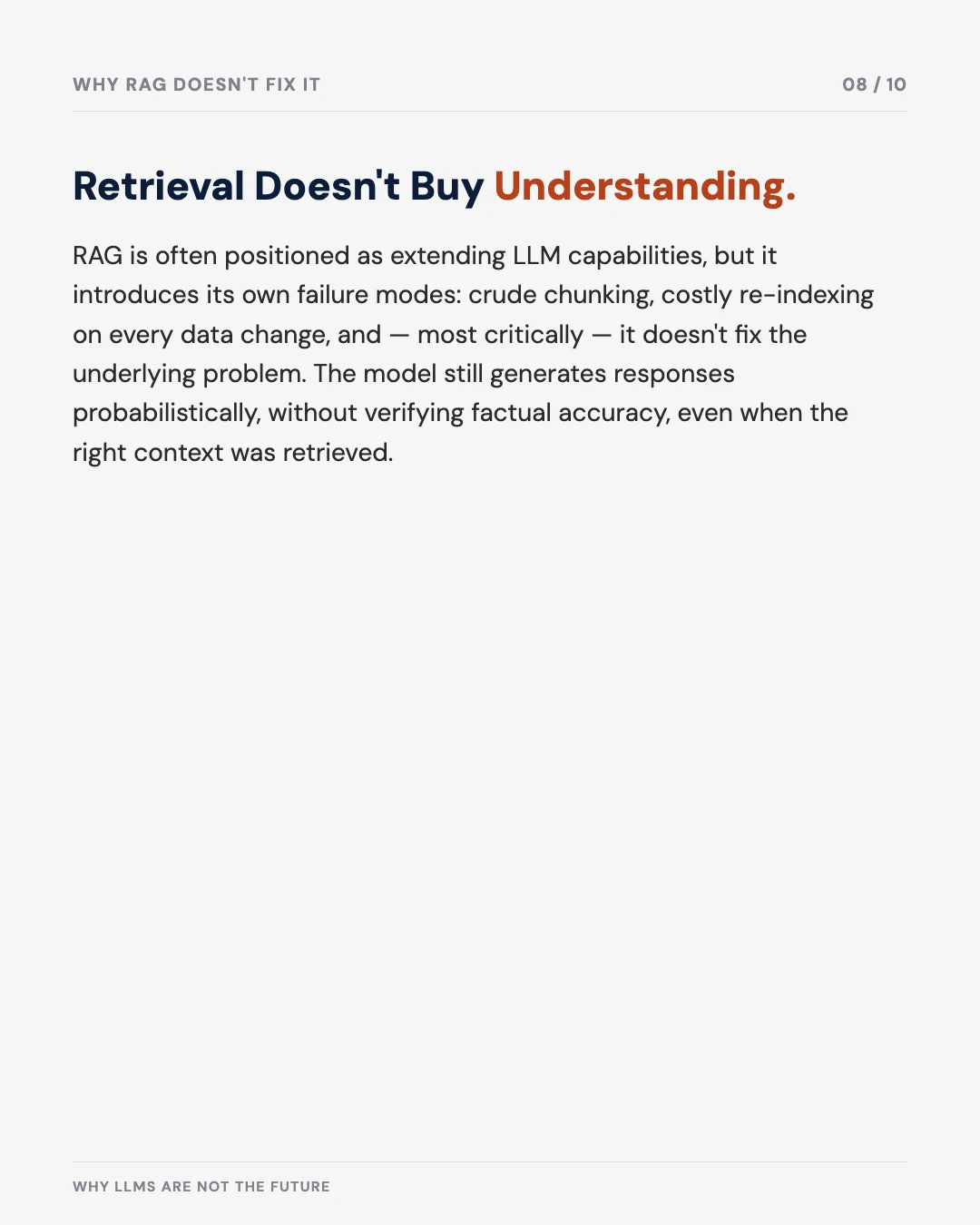 Carousel slide 8: retrieval doesn't buy understanding — why RAG doesn't fix the underlying problem